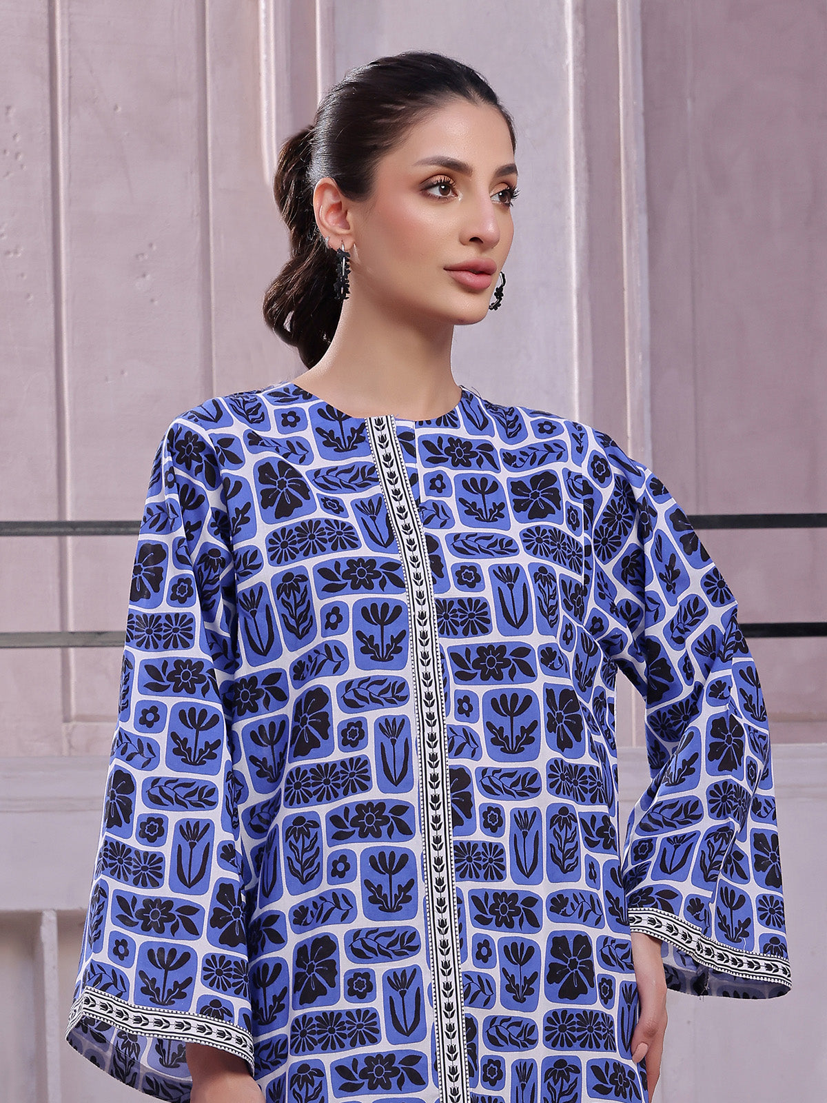 2Pc Printed Pret Shirt Trouser Lawn Blue & Black - OW2P-2505030