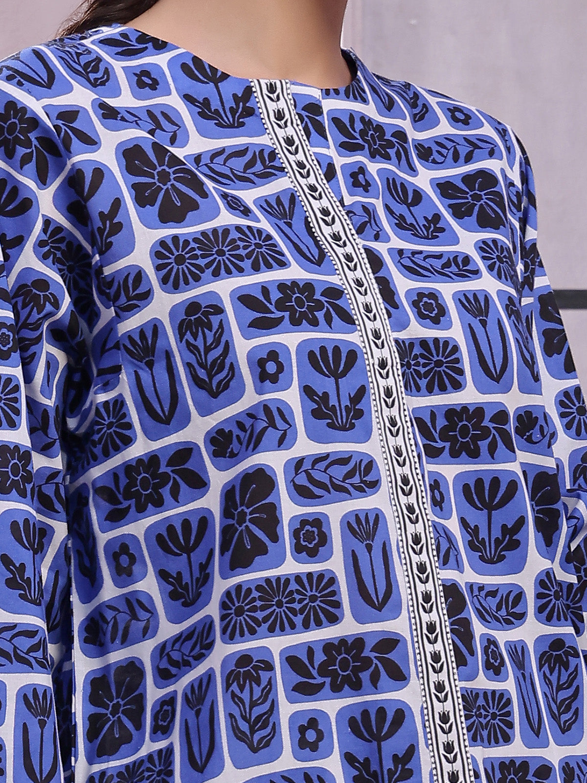 2Pc Printed Pret Shirt Trouser Lawn Blue & Black - OW2P-2505030