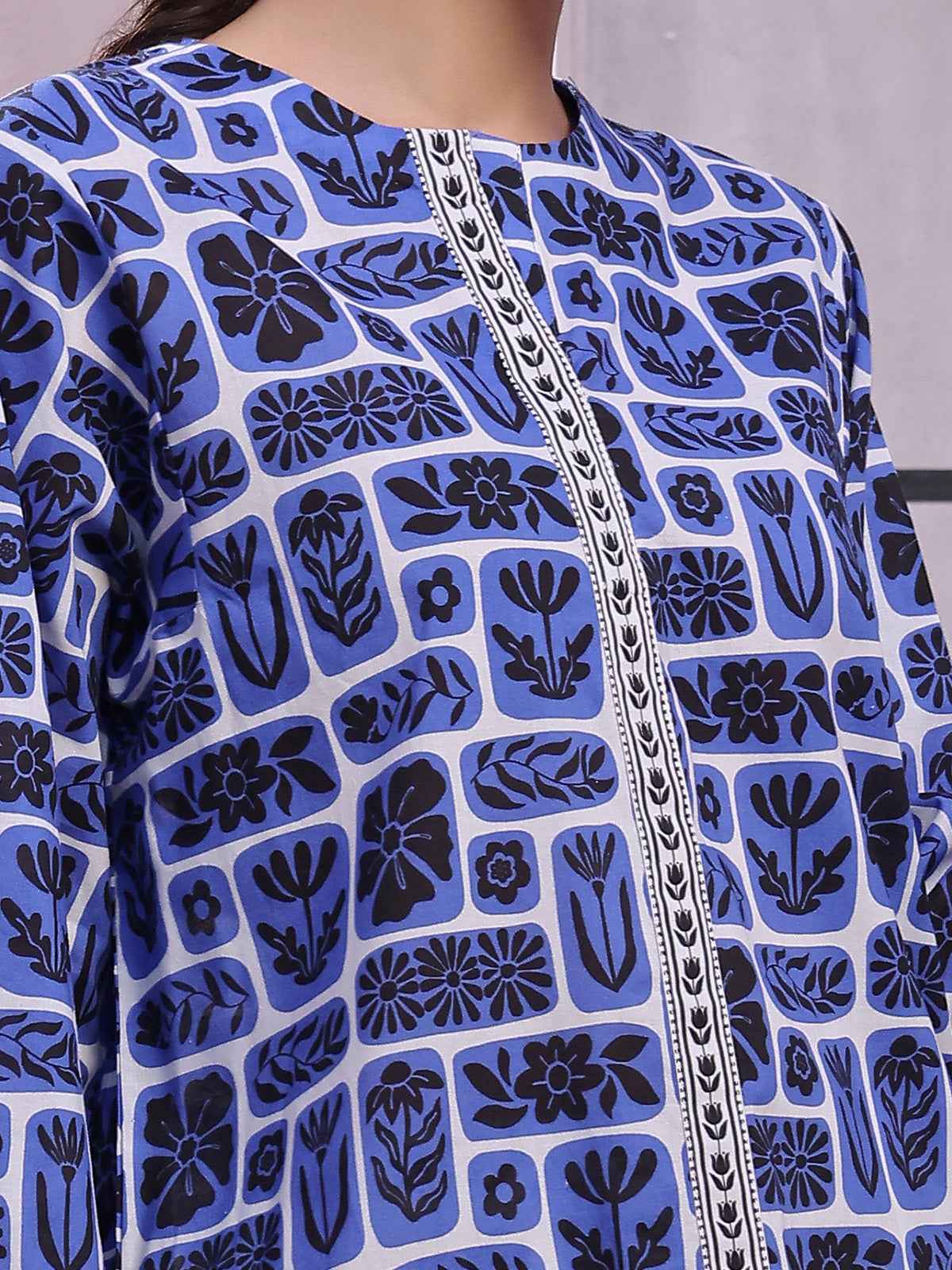 2Pc Printed Pret Shirt Trouser Lawn Blue & Black - OW2P-2505030