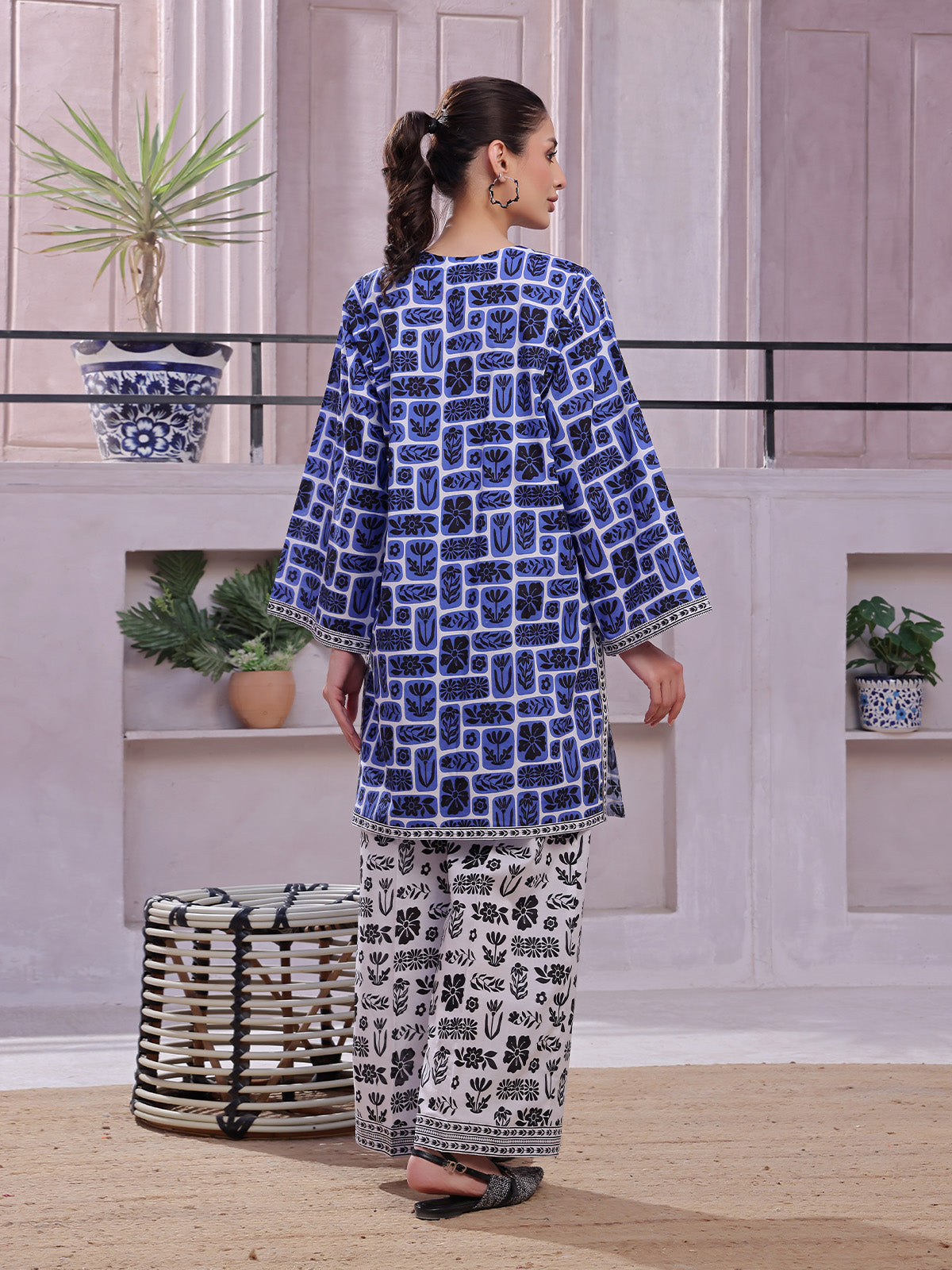 2Pc Printed Pret Shirt Trouser Lawn Blue & Black - OW2P-2505030