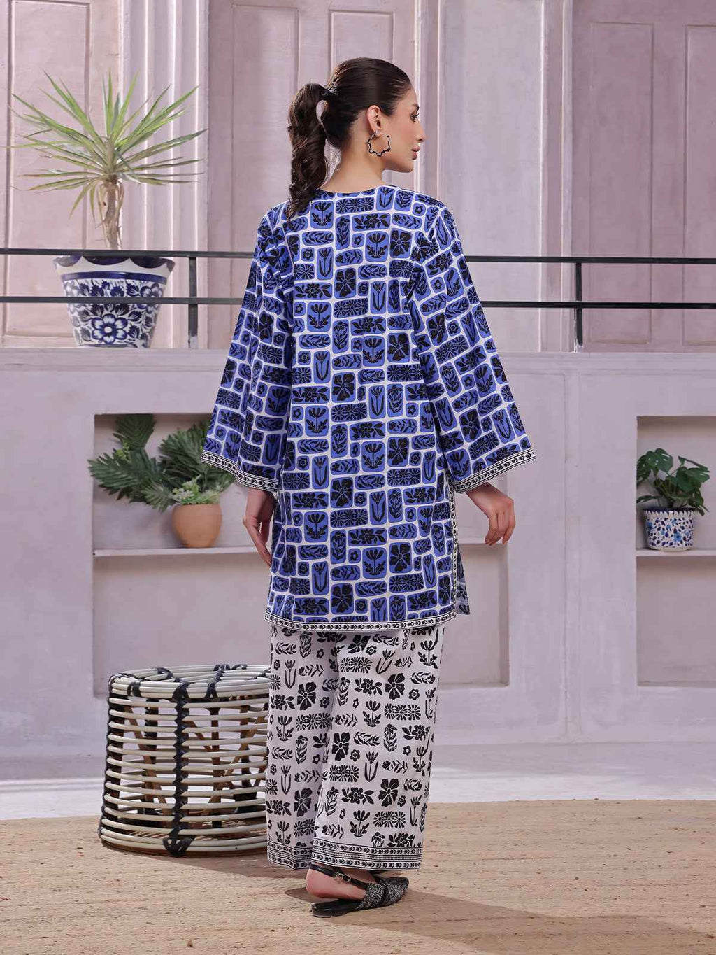 2Pc Printed Pret Shirt Trouser Lawn Blue & Black - OW2P-2505030