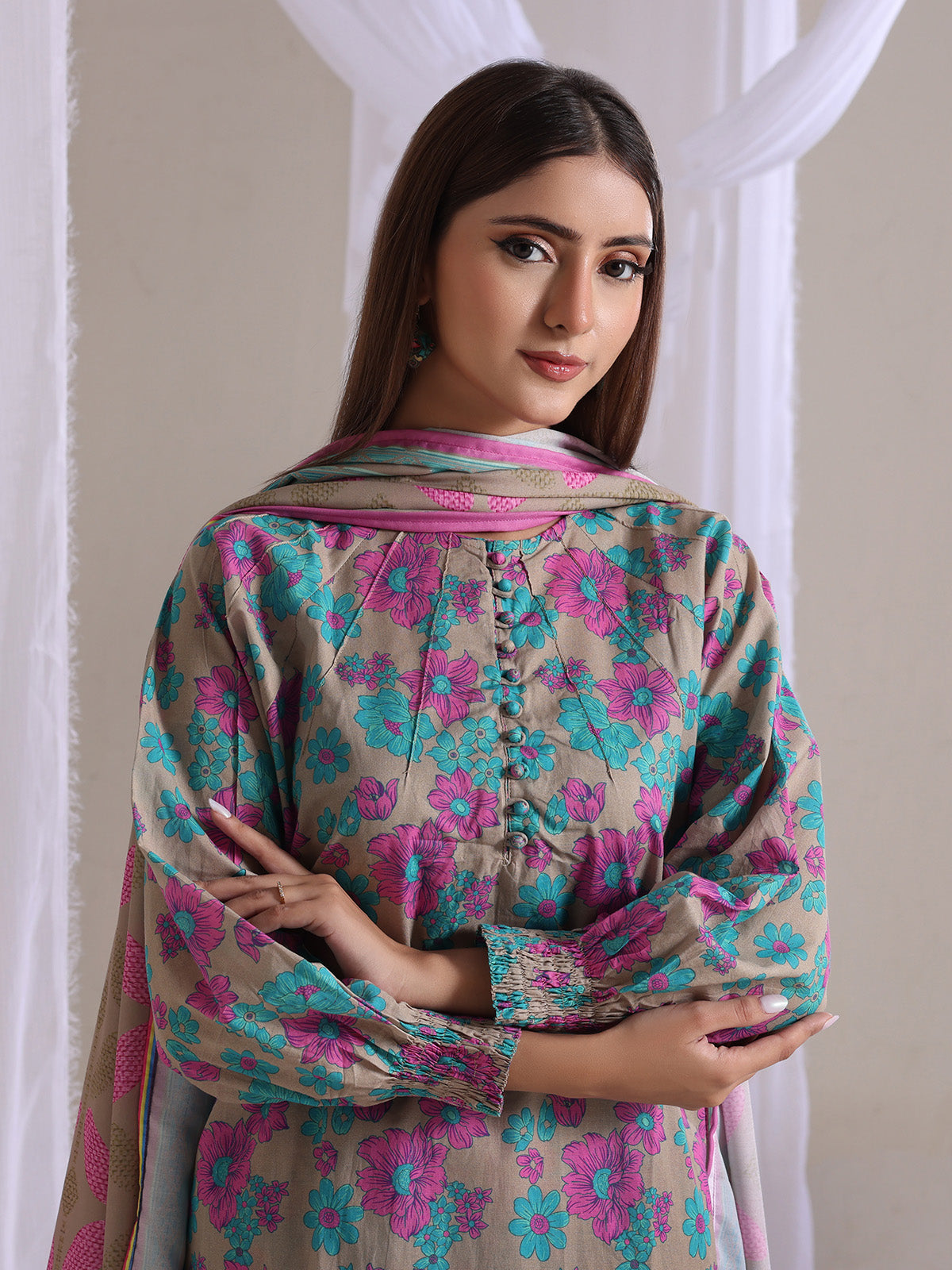 3Pc Printed Pret Suit Lawn Grey & Green - OW3P-2505005