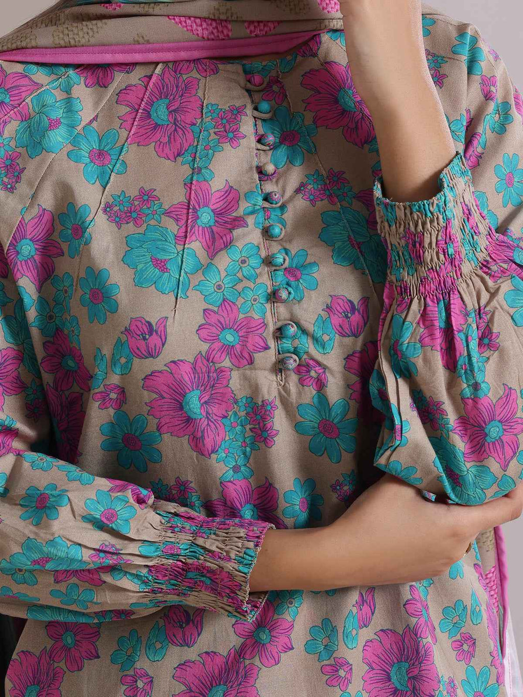 3Pc Printed Unstitched Suit Lawn Grey & Green - OL3P-6350-A