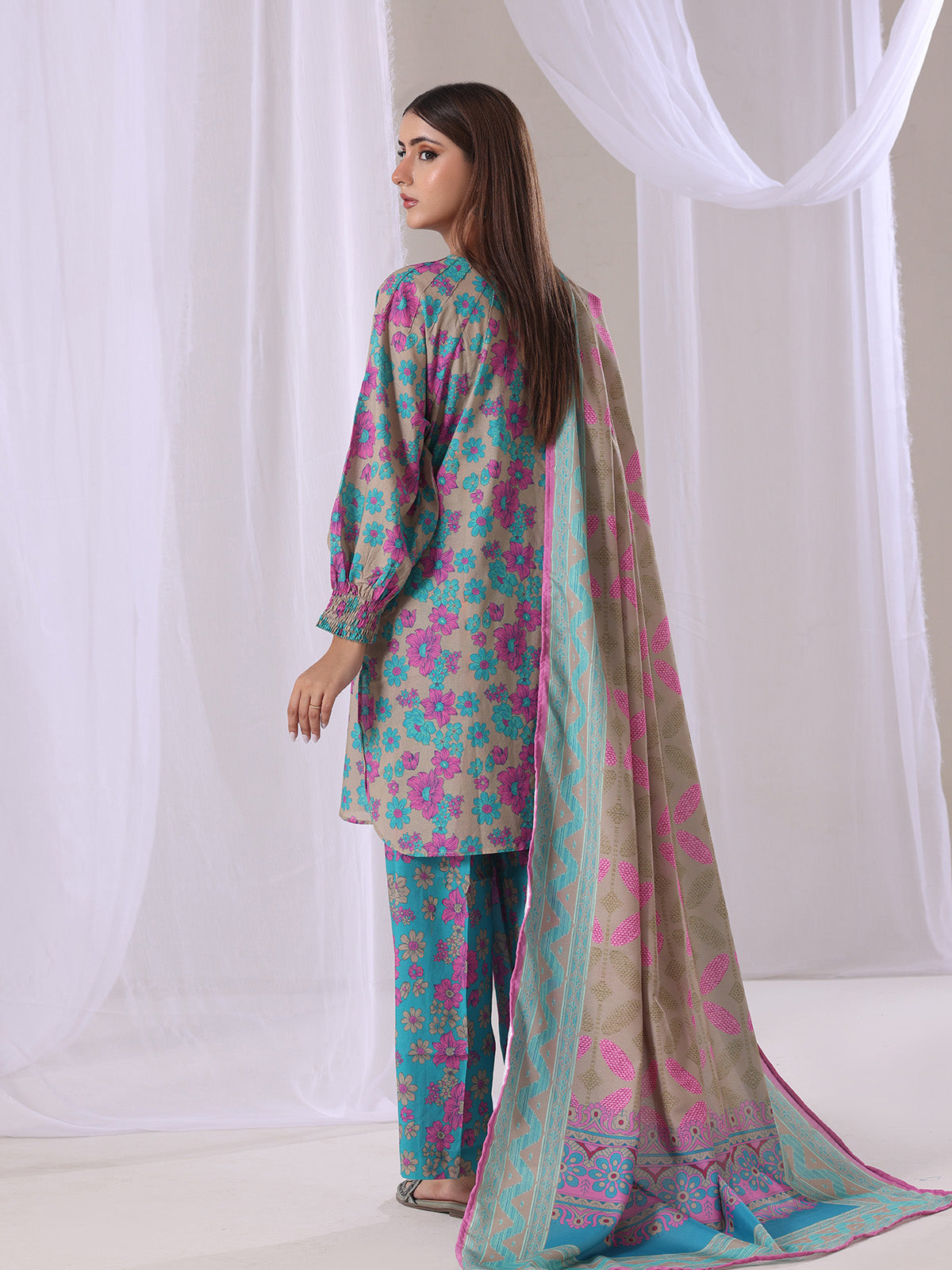 3Pc Printed Unstitched Suit Lawn Grey & Green - OL3P-6350-A