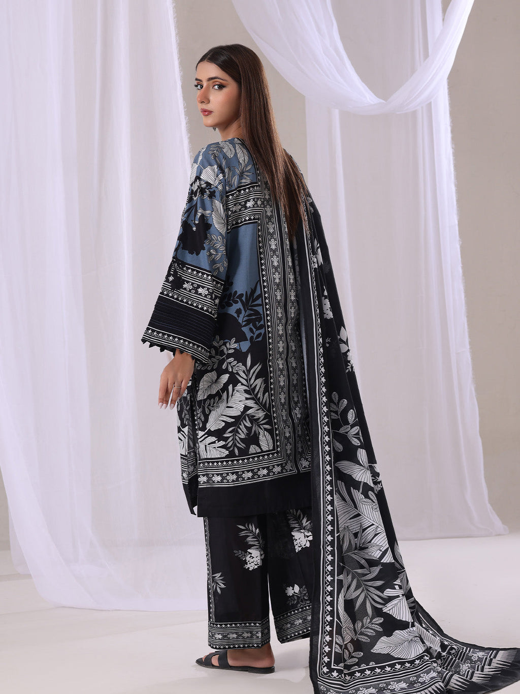 3Pc Printed Unstitched Suit Lawn Grey - OL3P-6386-A