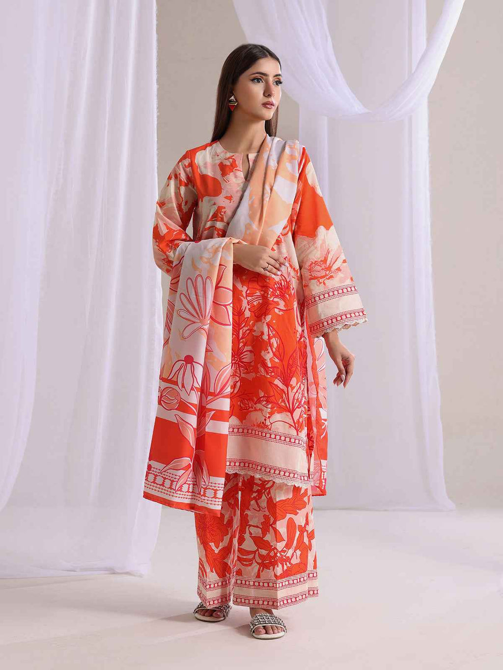 3Pc Printed Pret Suit Lawn Orange - OW3P-2505016