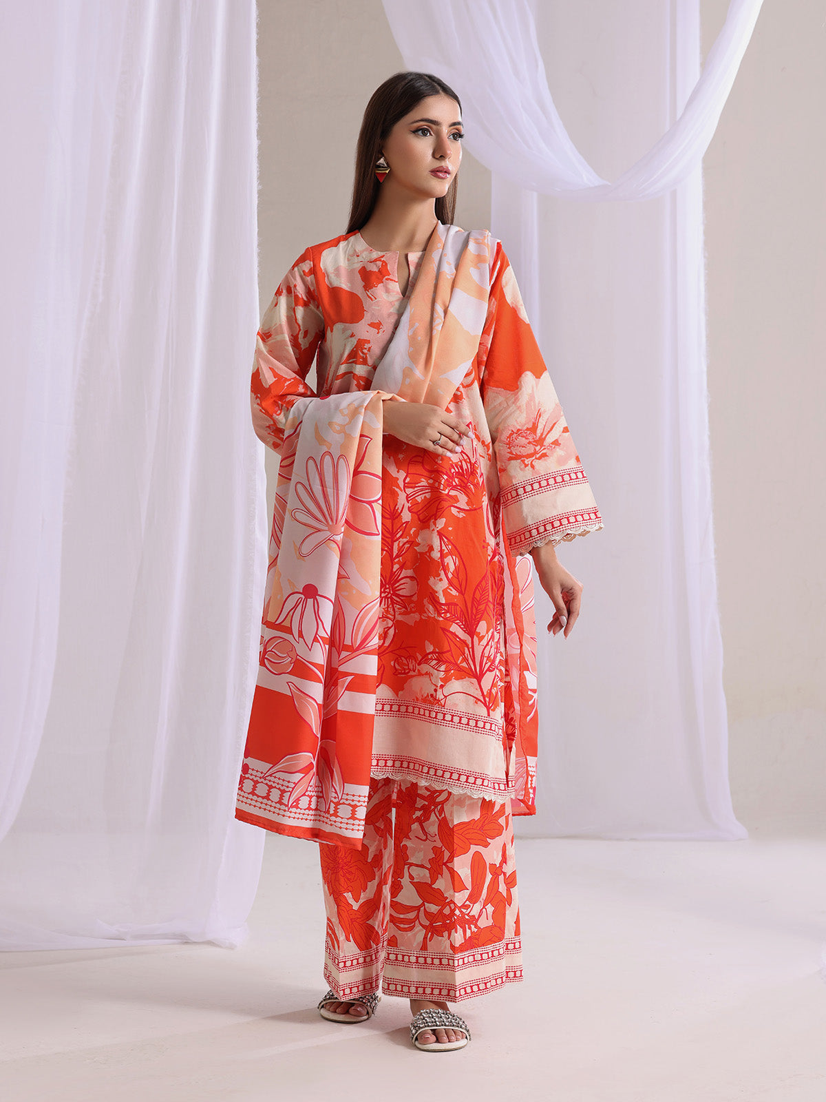 3Pc Printed Pret Suit Lawn Orange - OW3P-2505016