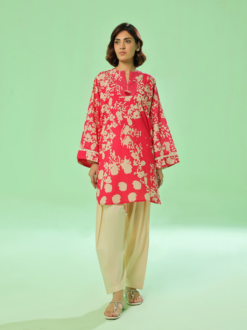 1Pc Printed Pret Kurti Lawn Red - OWKT-2505037
