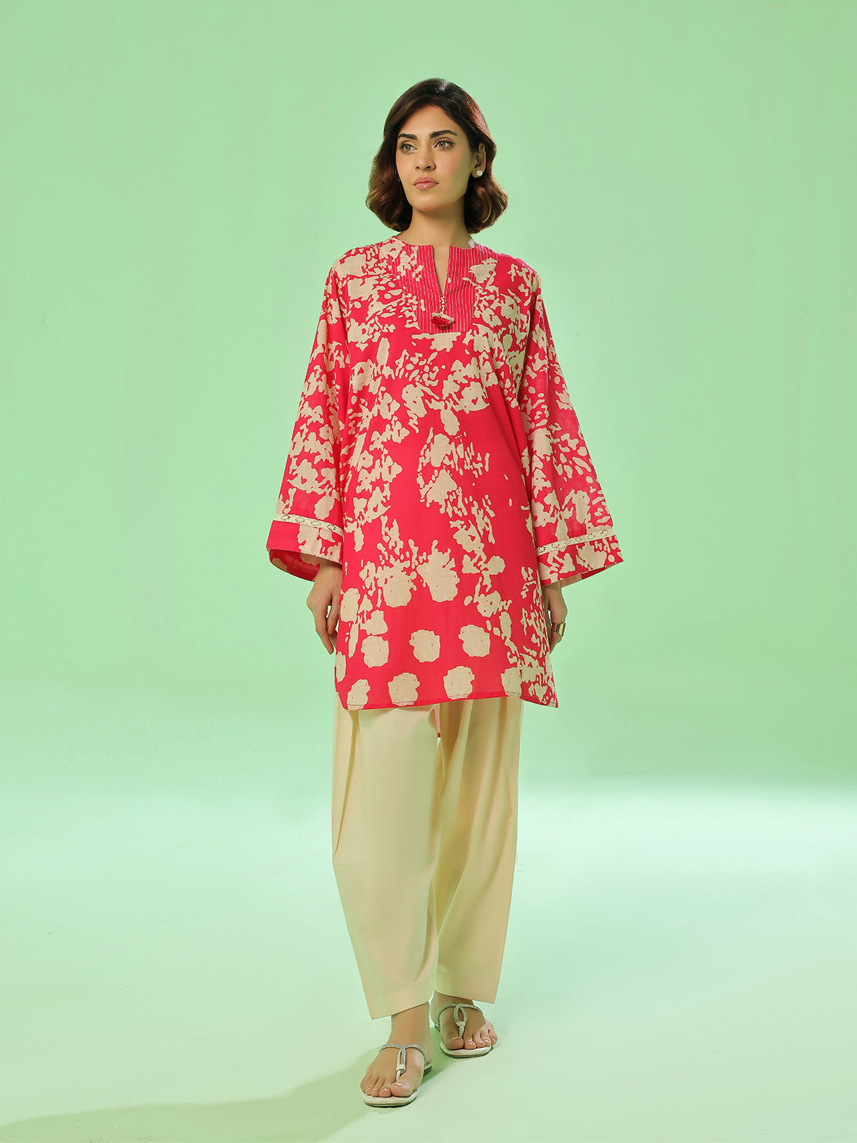 1Pc Printed Pret Kurti Lawn Red - OWKT-2505037