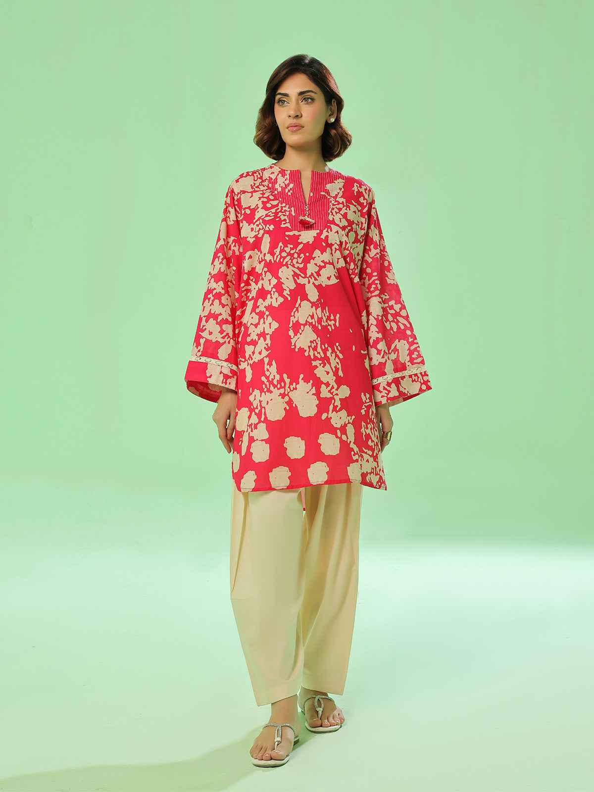 1Pc Printed Pret Kurti Lawn Red - OWKT-2505037