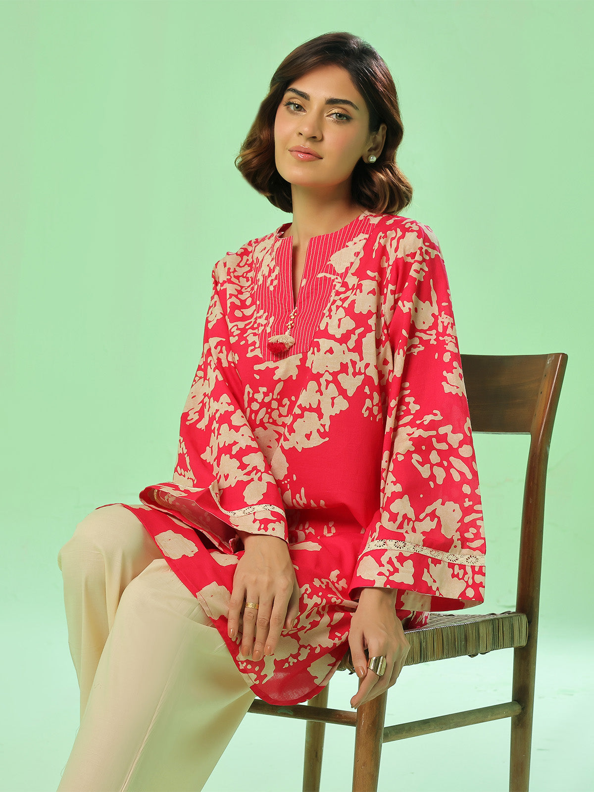 1Pc Printed Pret Kurti Lawn Red - OWKT-2505037