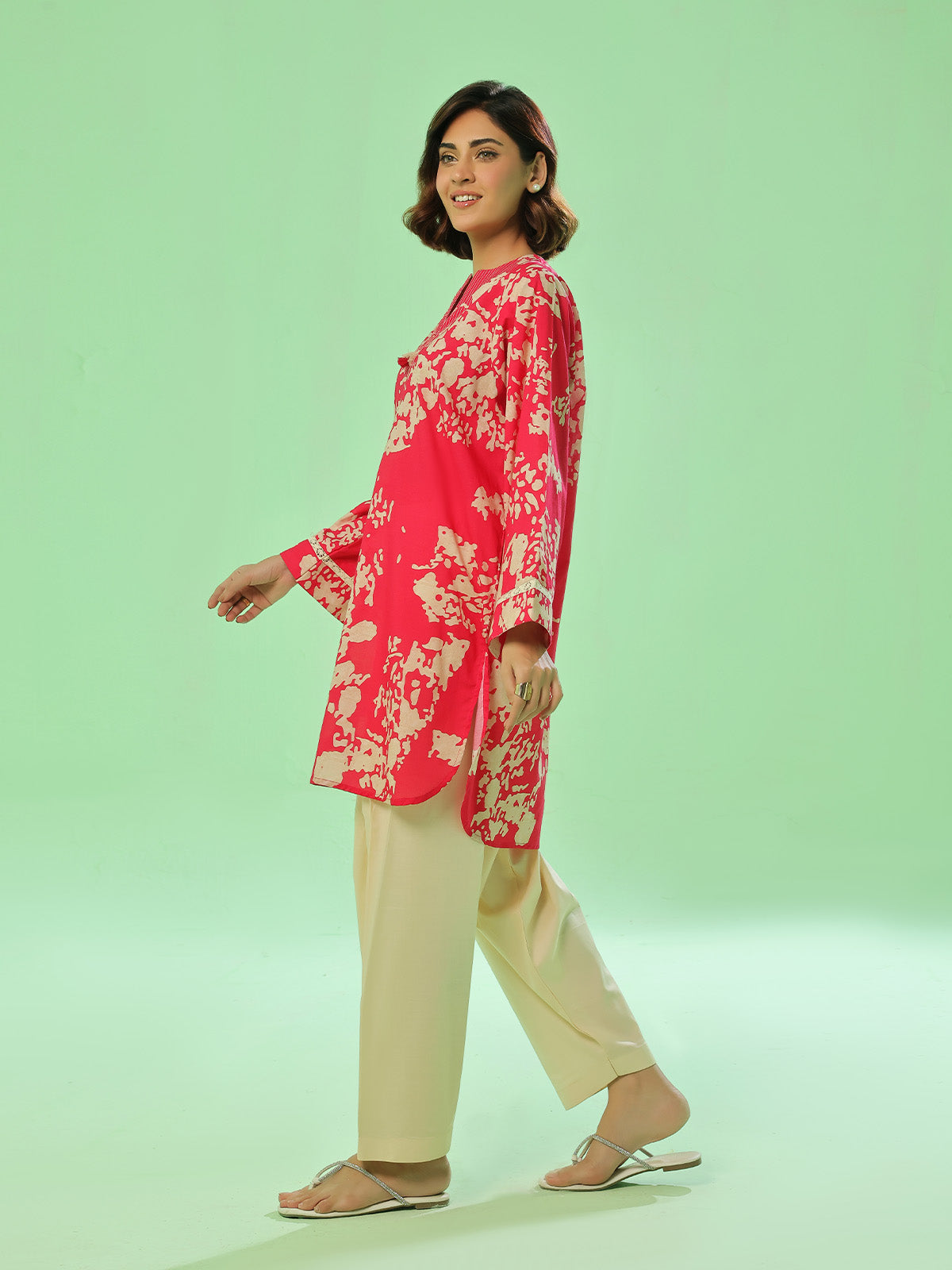 1Pc Printed Pret Kurti Lawn Red - OWKT-2505037