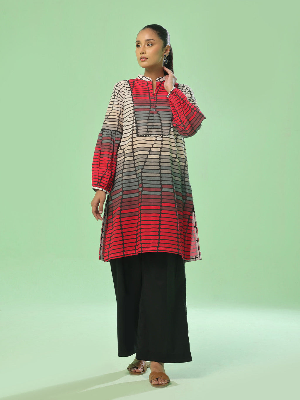 1Pc Printed Pret Kurti Lawn Beige & Black - OWKT-2505038