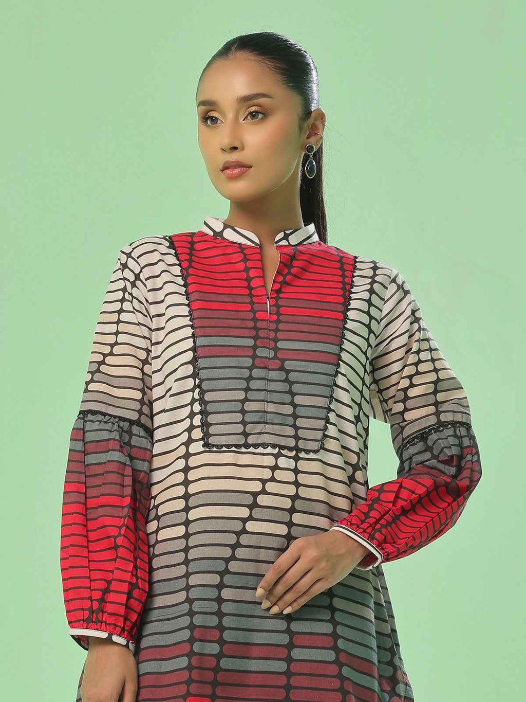 1Pc Printed Pret Kurti Lawn Beige & Black - OWKT-2505038
