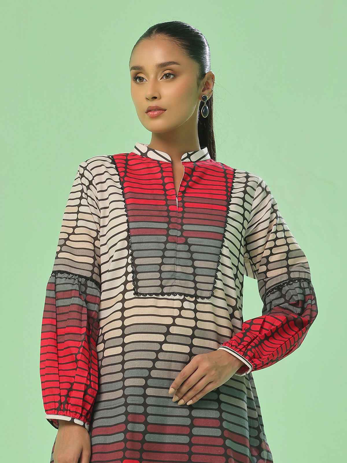 1Pc Printed Pret Kurti Lawn Beige & Black - OWKT-2505038