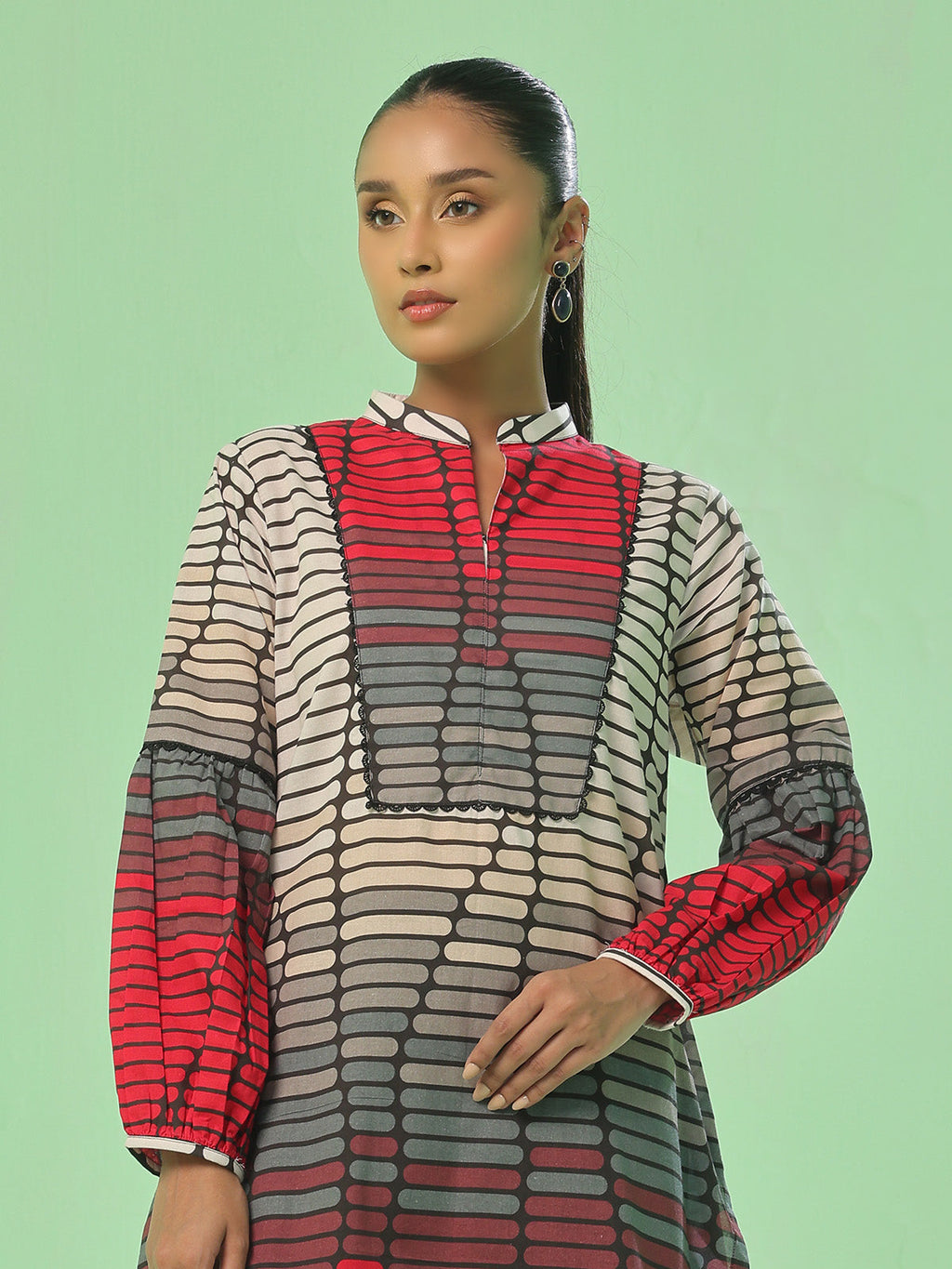 1Pc Printed Pret Kurti Lawn Beige & Black - OWKT-2505038