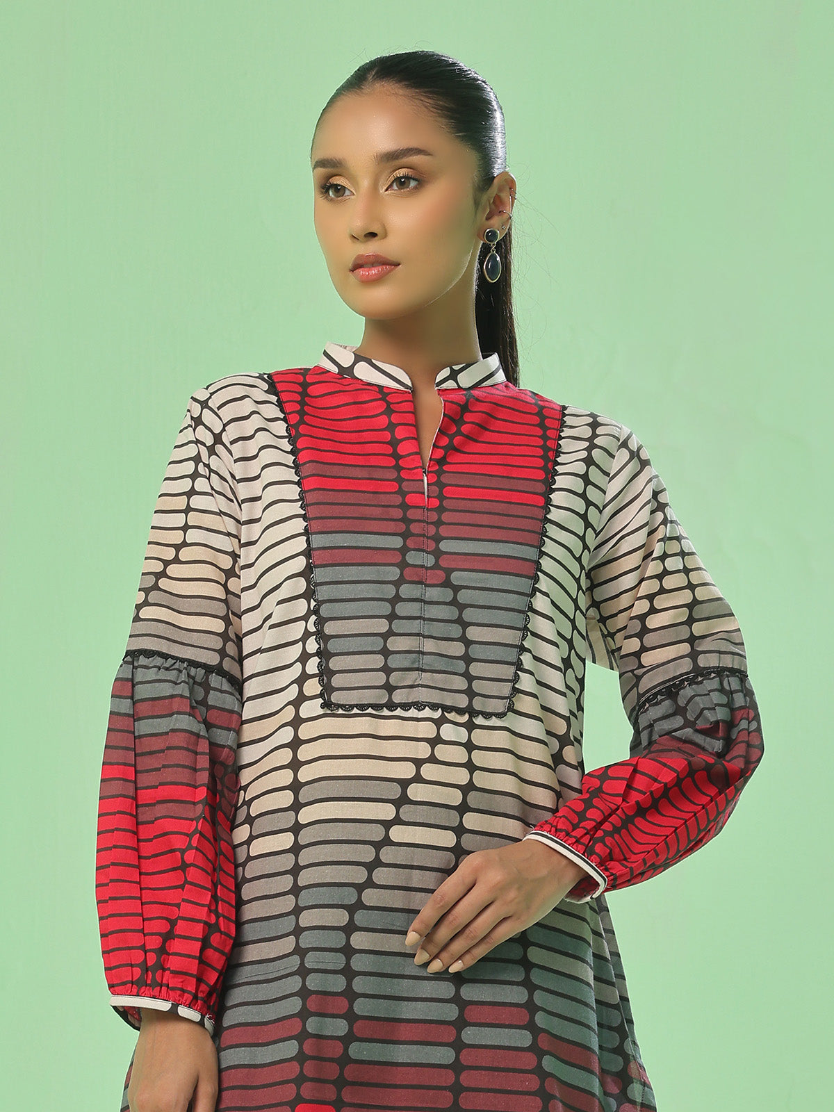 1Pc Printed Pret Kurti Lawn Beige & Black - OWKT-2505038
