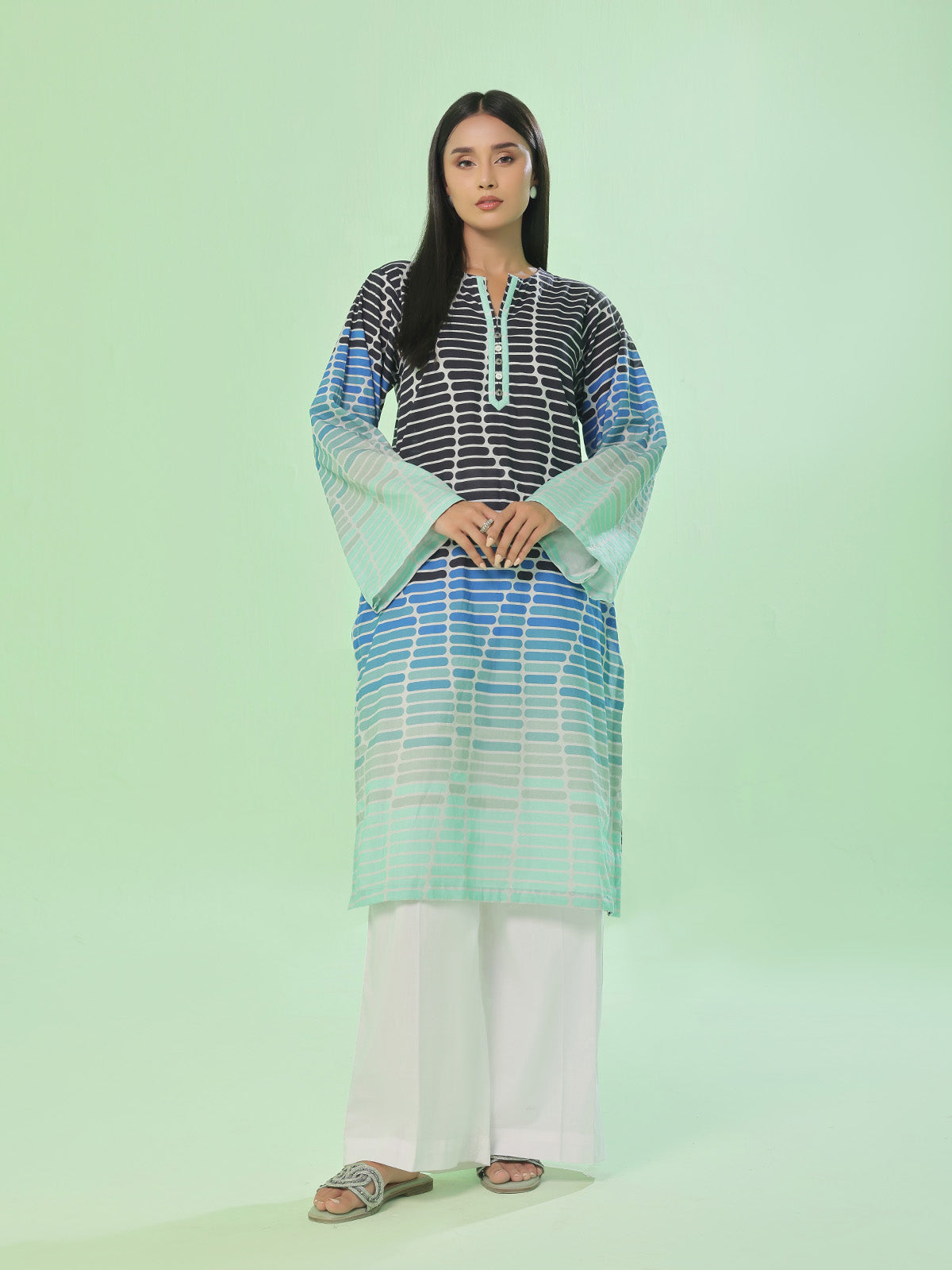 1Pc Printed Pret Kurti Lawn Blue - OWKT-2505039