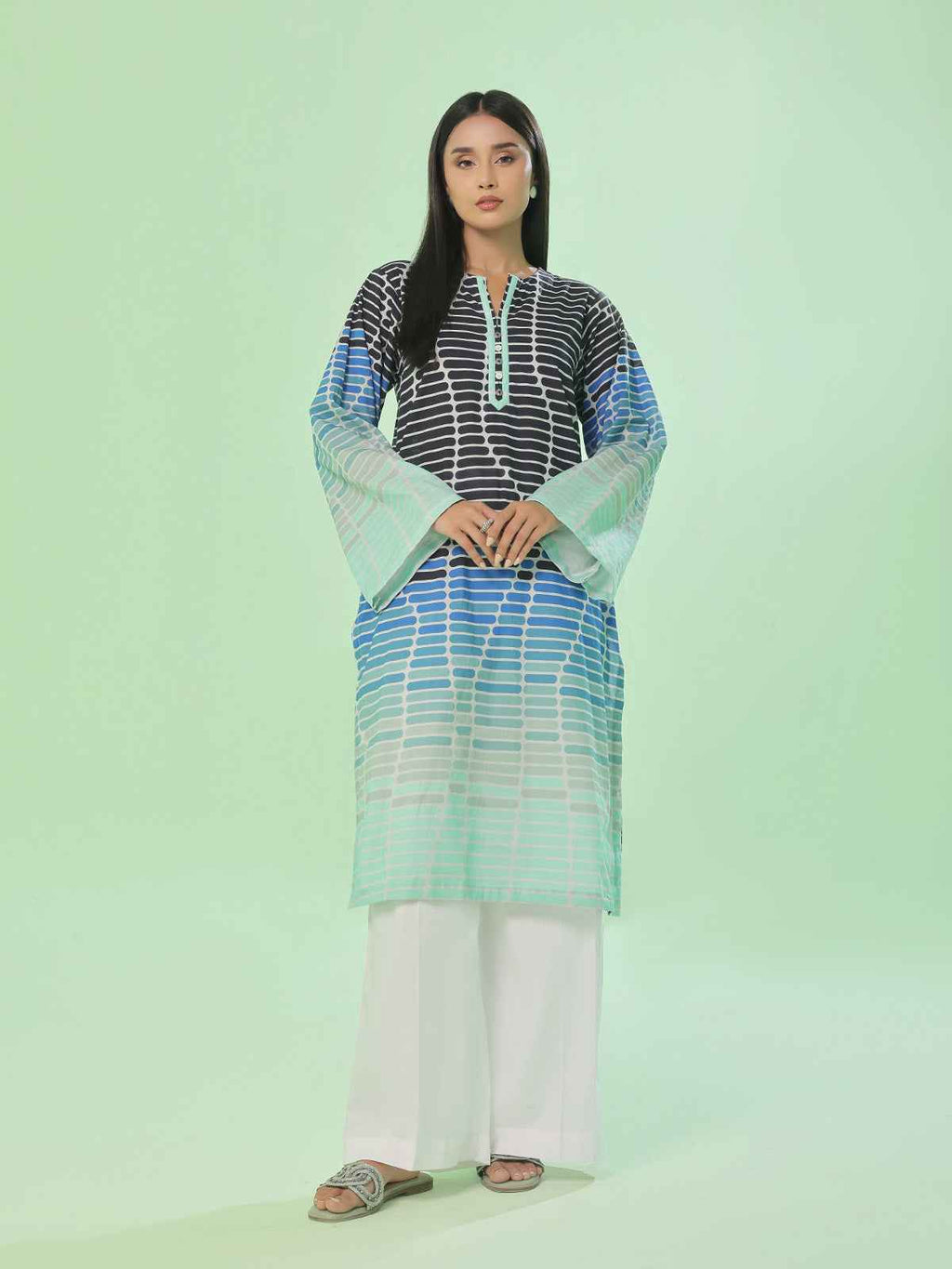 1Pc Printed Pret Kurti Lawn Blue - OWKT-2505039