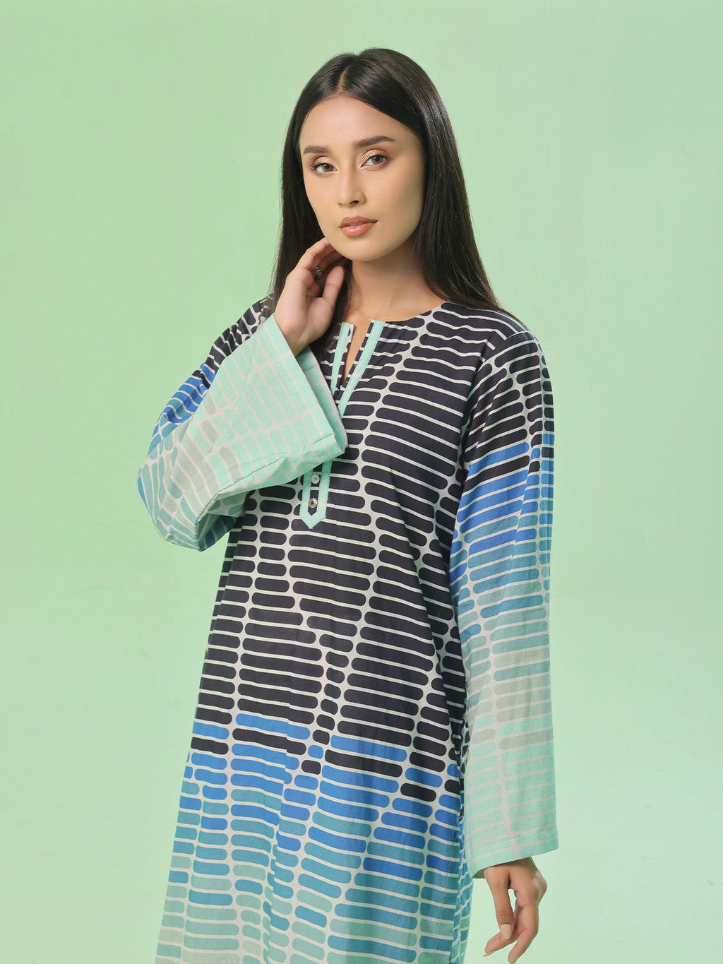 1Pc Printed Pret Kurti Lawn Blue - OWKT-2505039