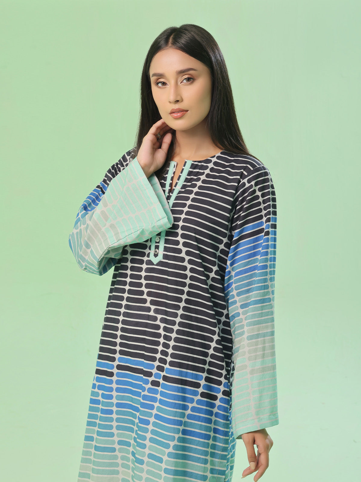 1Pc Printed Pret Kurti Lawn Blue - OWKT-2505039