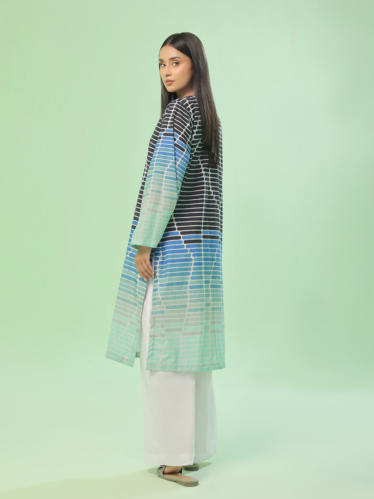 1Pc Printed Pret Kurti Lawn Blue - OWKT-2505039