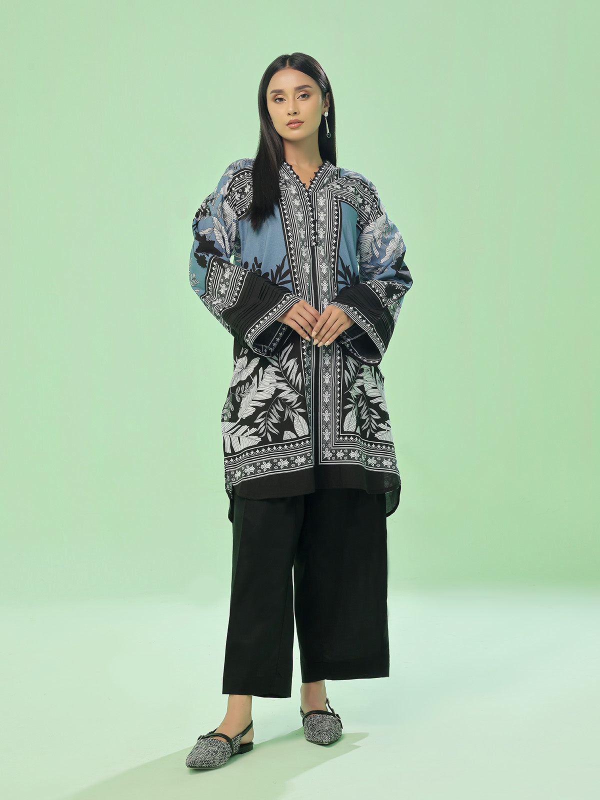 1Pc Printed Pret Kurti Lawn Grey - OWKT-2505041