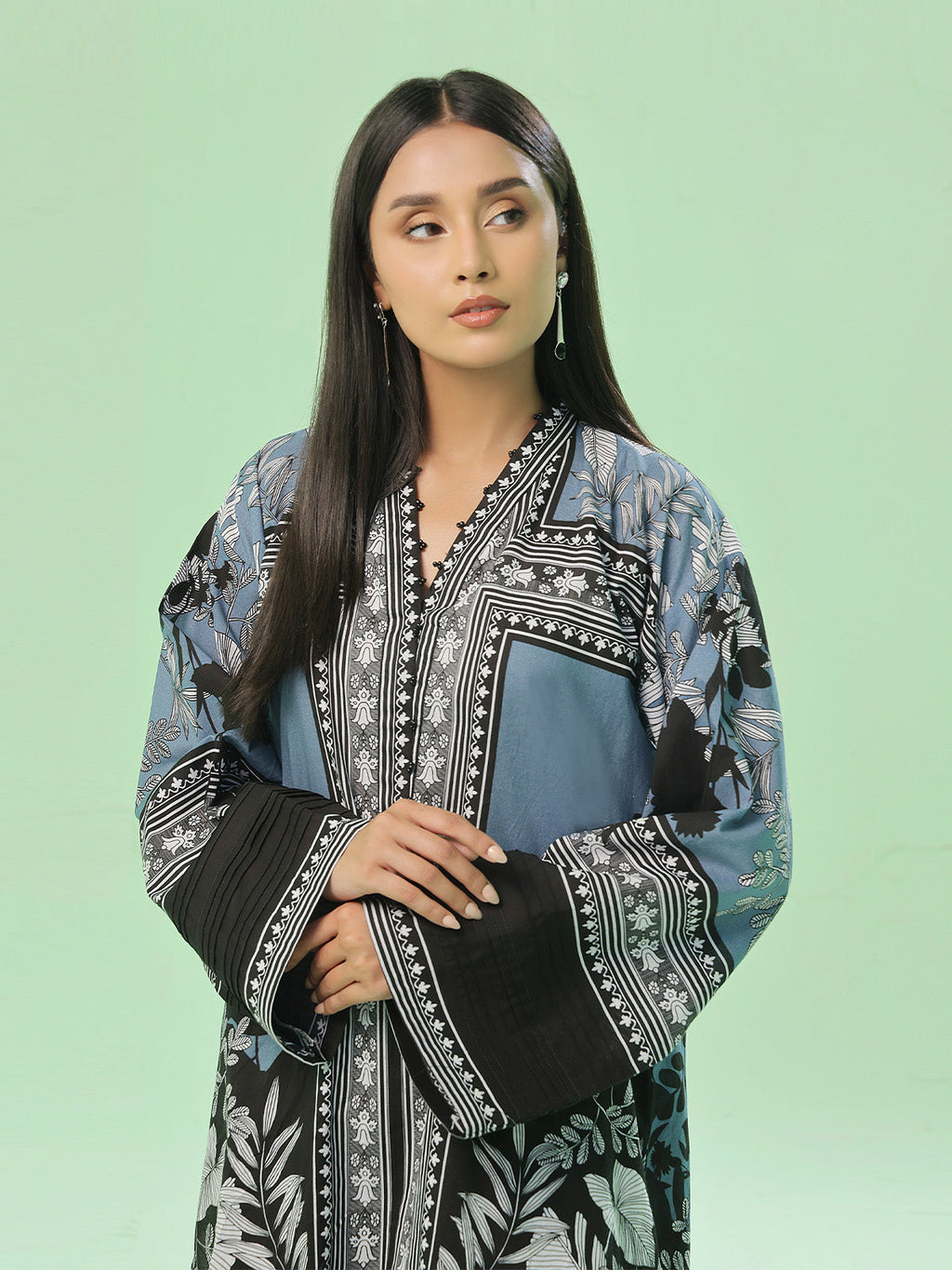 1Pc Printed Pret Kurti Lawn Grey - OWKT-2505041