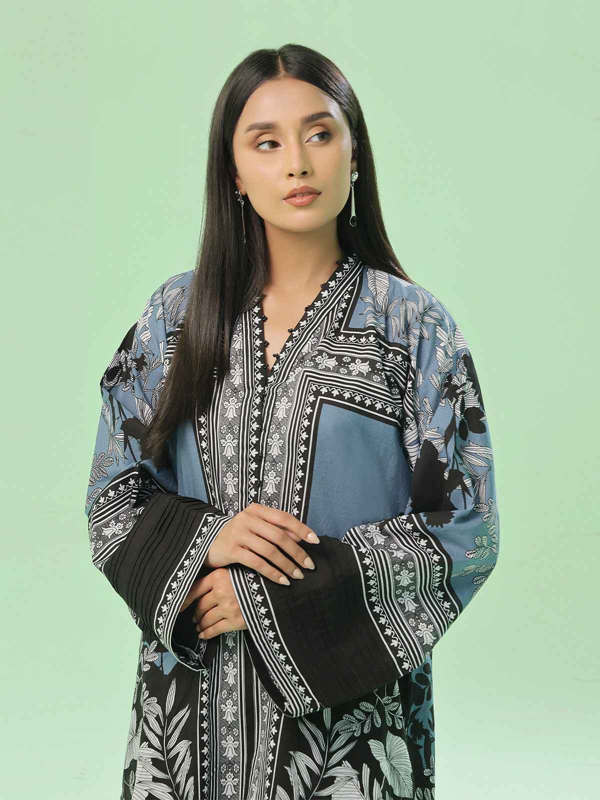 1Pc Printed Pret Kurti Lawn Grey - OWKT-2505041