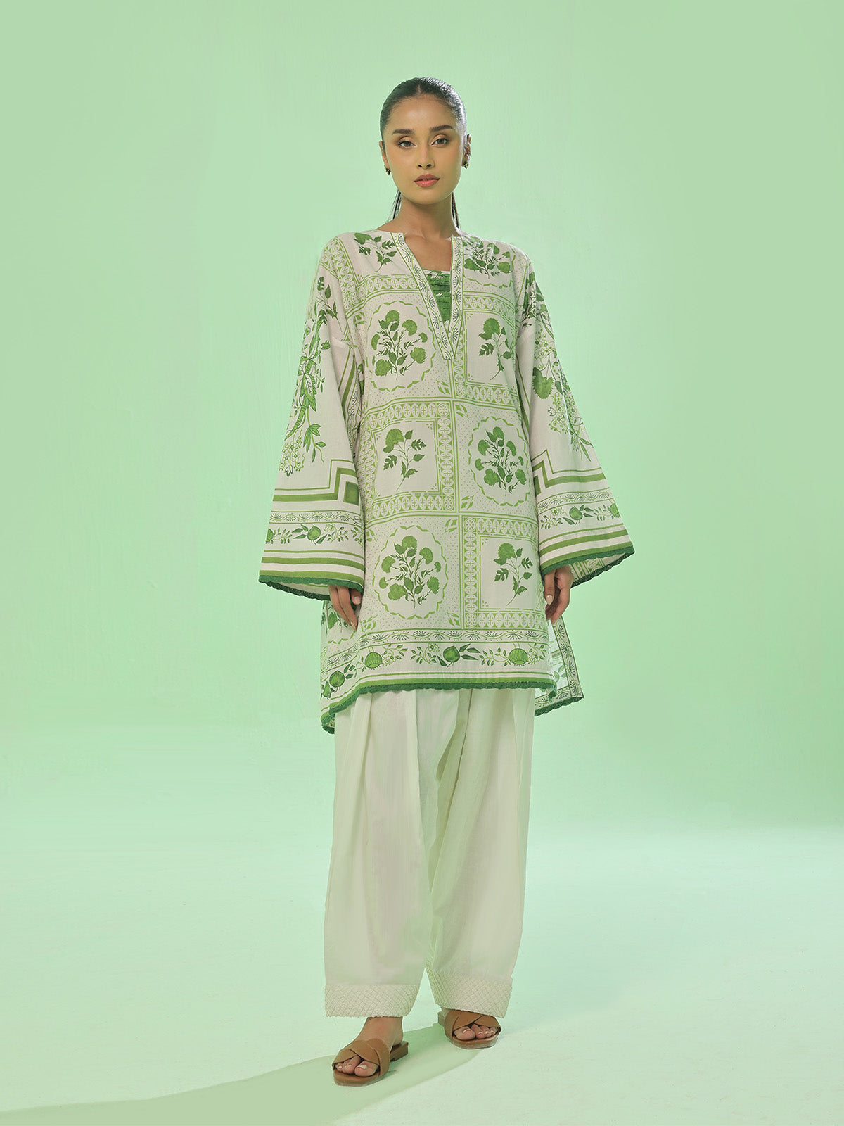 1Pc Printed Pret Kurti Lawn Green - OWKT-2505043