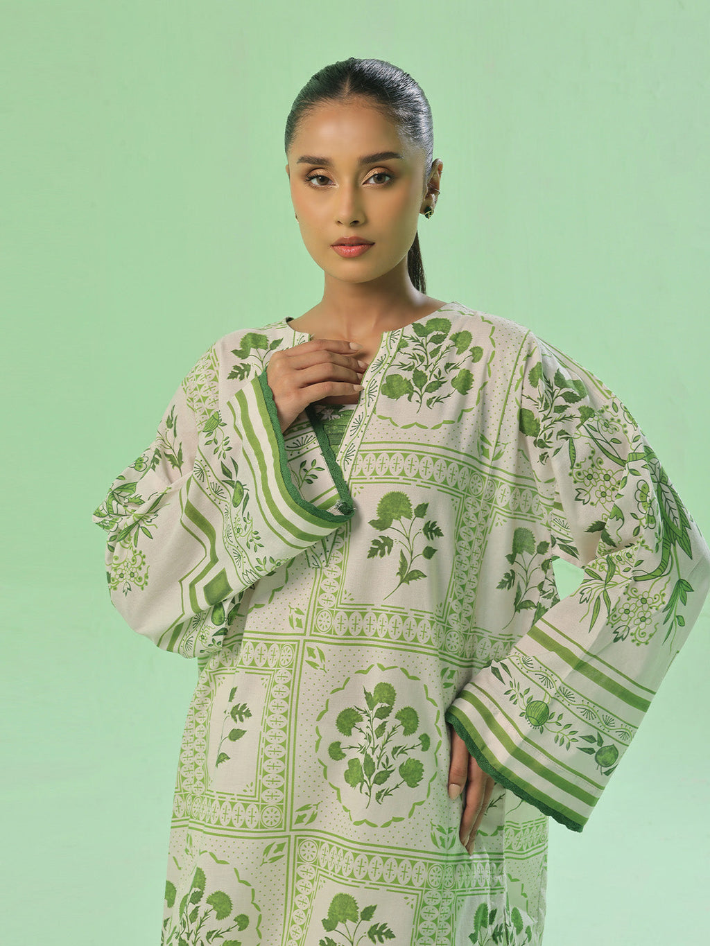 1Pc Printed Pret Kurti Lawn Green - OWKT-2505043