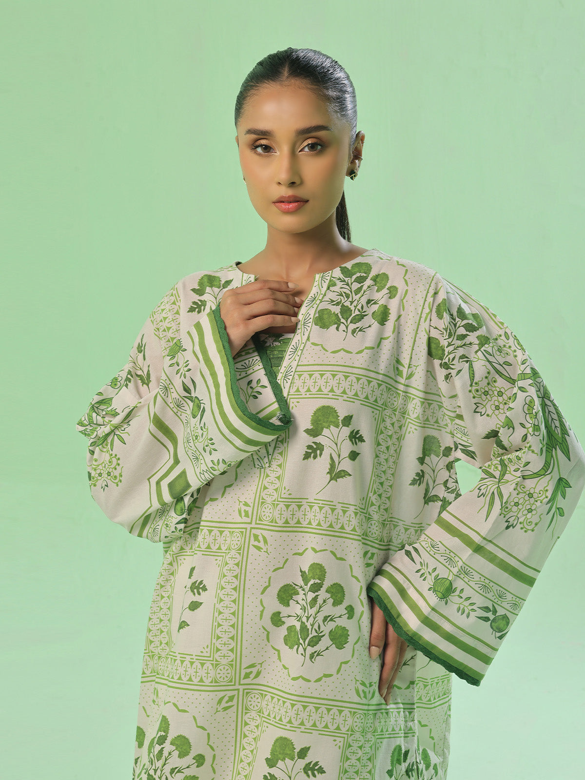 1Pc Printed Pret Kurti Lawn Green - OWKT-2505043