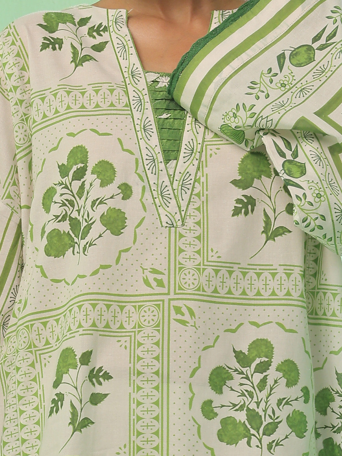 1Pc Printed Pret Kurti Lawn Green - OWKT-2505043