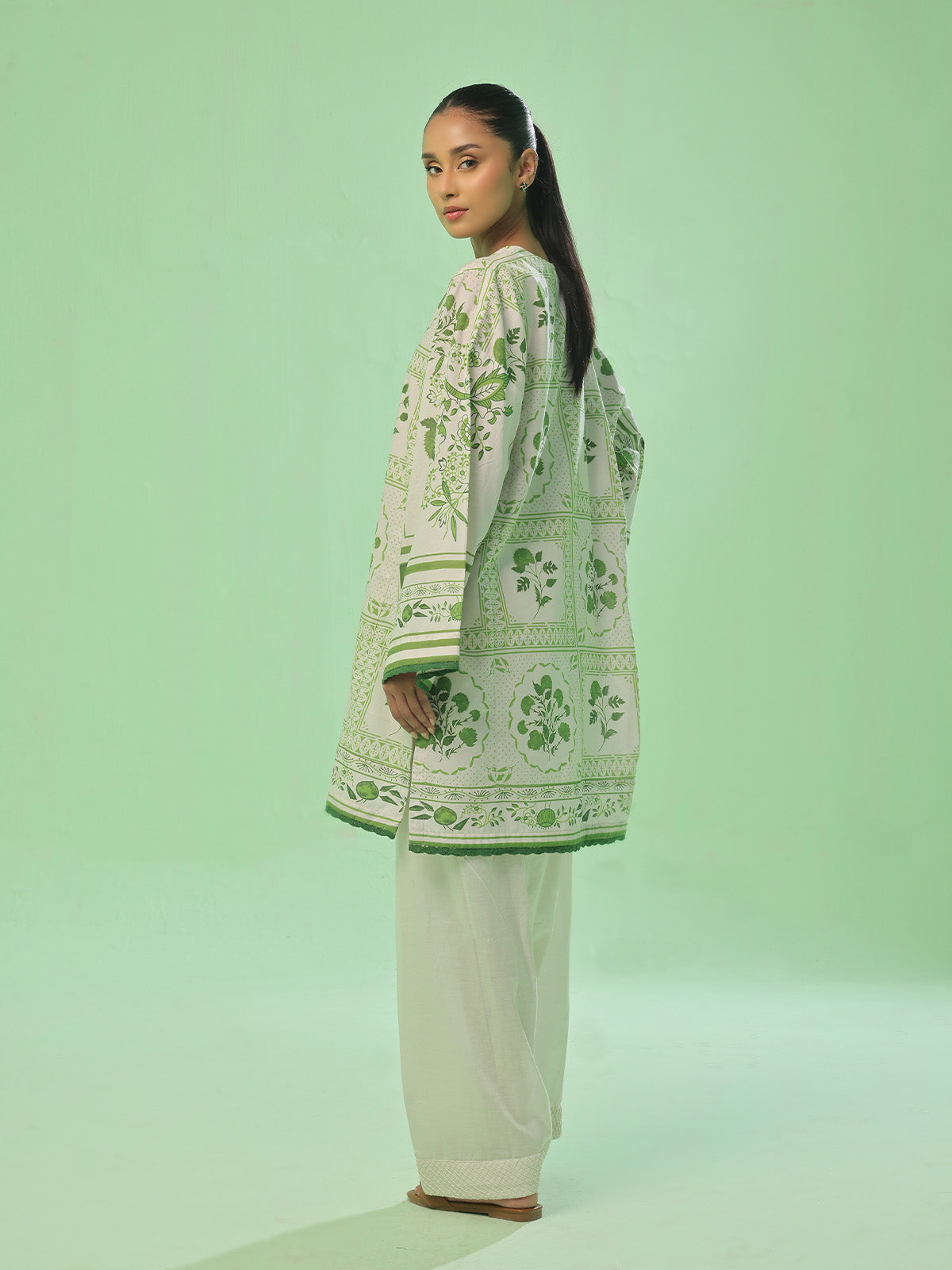 1Pc Printed Pret Kurti Lawn Green - OWKT-2505043