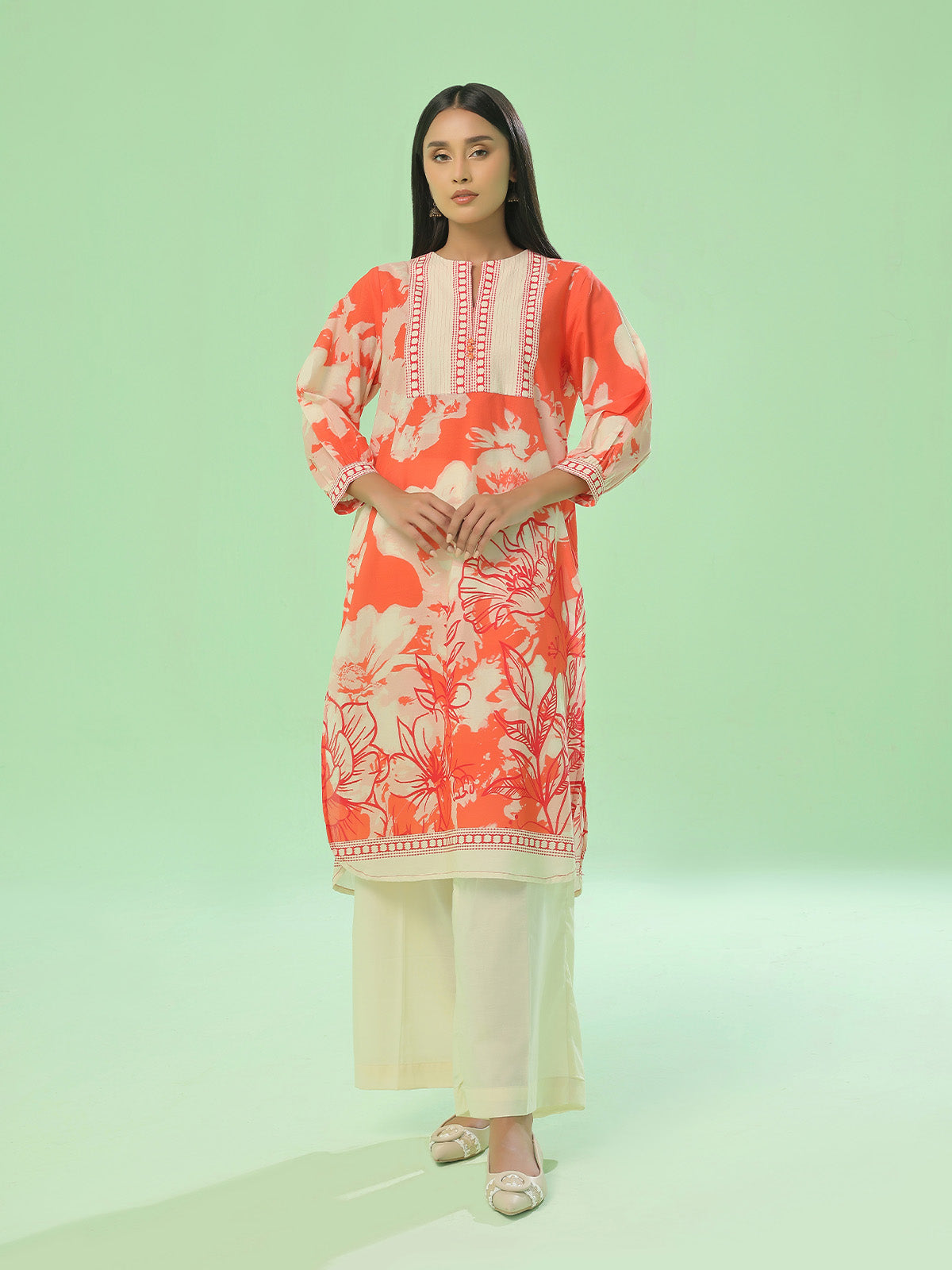 1Pc Printed Pret Kurti Lawn Orange - OWKT-2505044