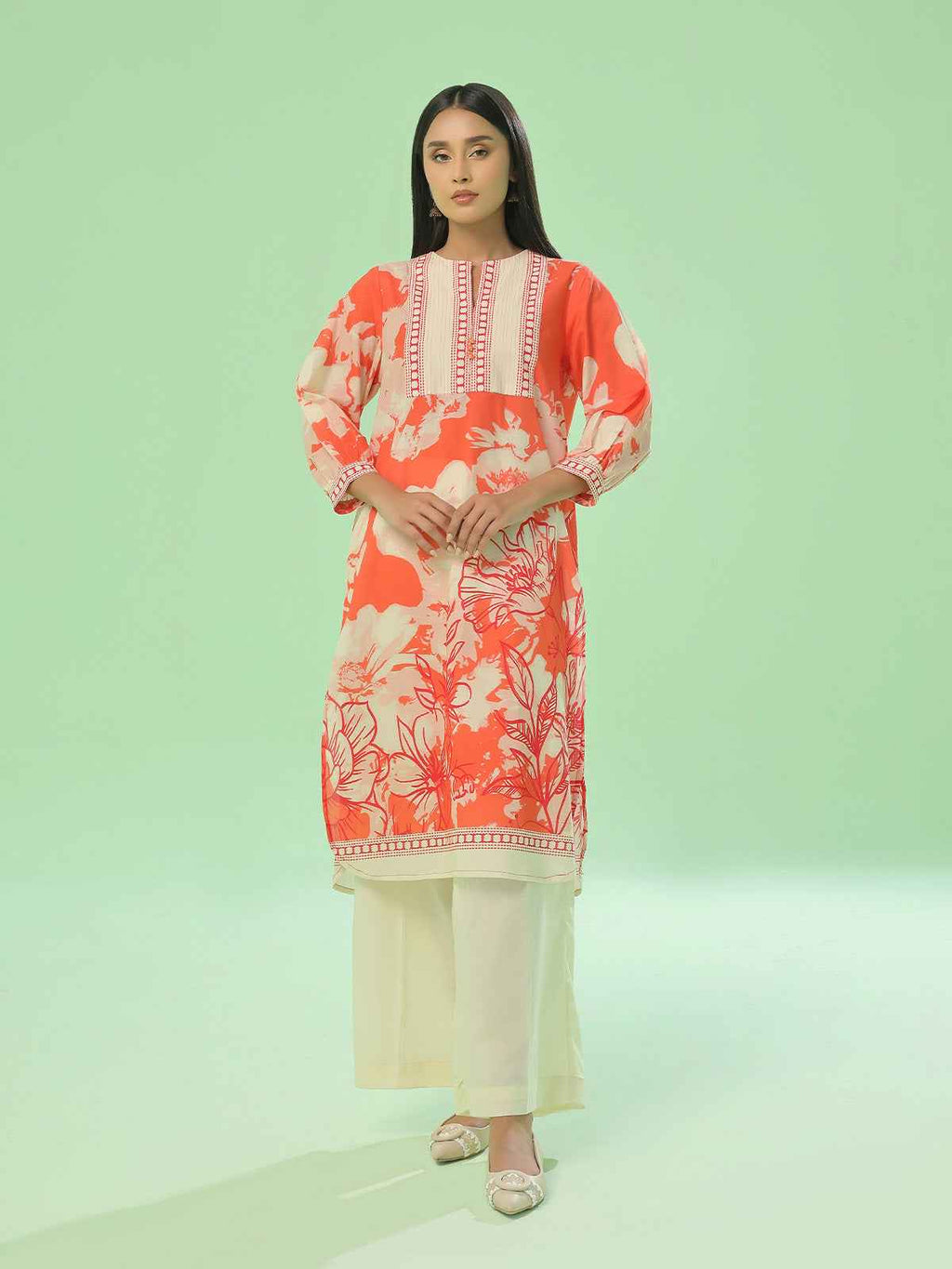 1Pc Printed Pret Kurti Lawn Orange - OWKT-2505044