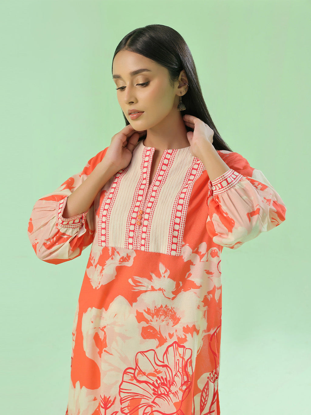 1Pc Printed Pret Kurti Lawn Orange - OWKT-2505044