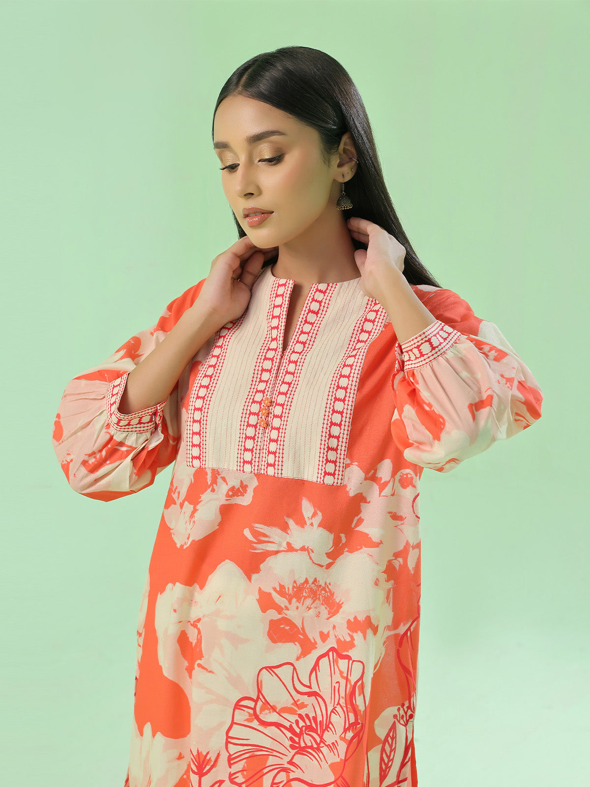 1Pc Printed Pret Kurti Lawn Orange - OWKT-2505044