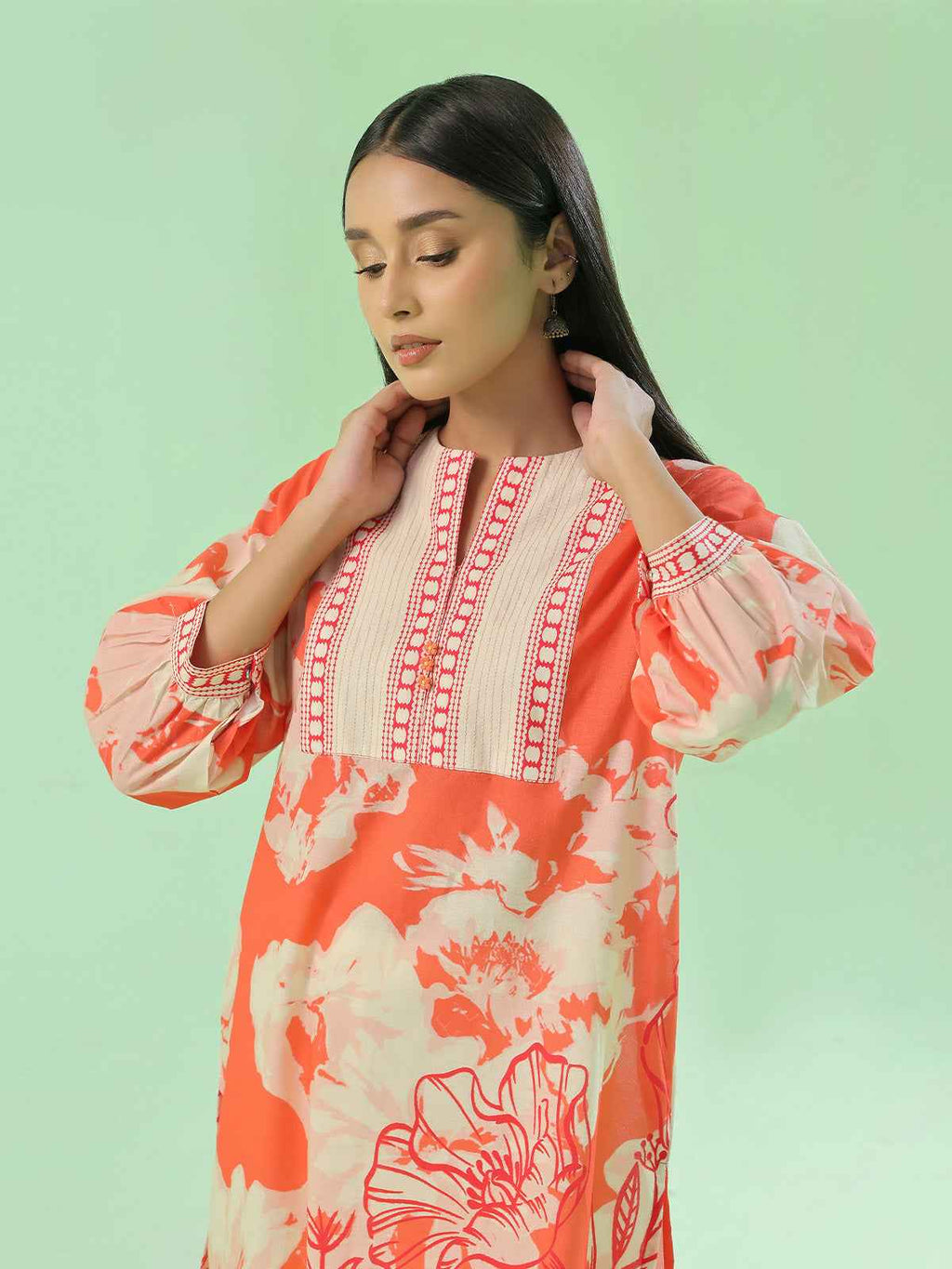 1Pc Printed Pret Kurti Lawn Orange - OWKT-2505044