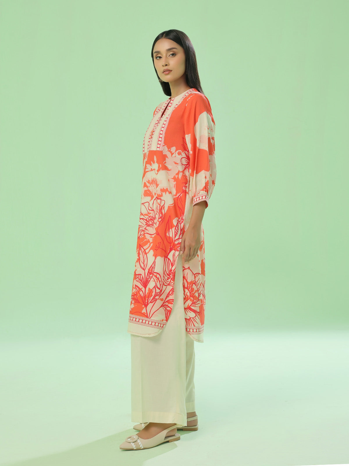 1Pc Printed Pret Kurti Lawn Orange - OWKT-2505044