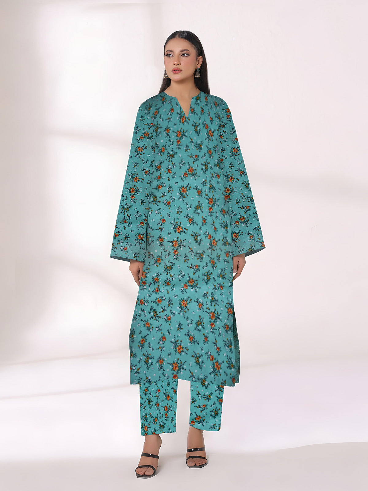 2Pc Printed Unstitched Shirt Trouser Lawn Green - OL2P-6448-A
