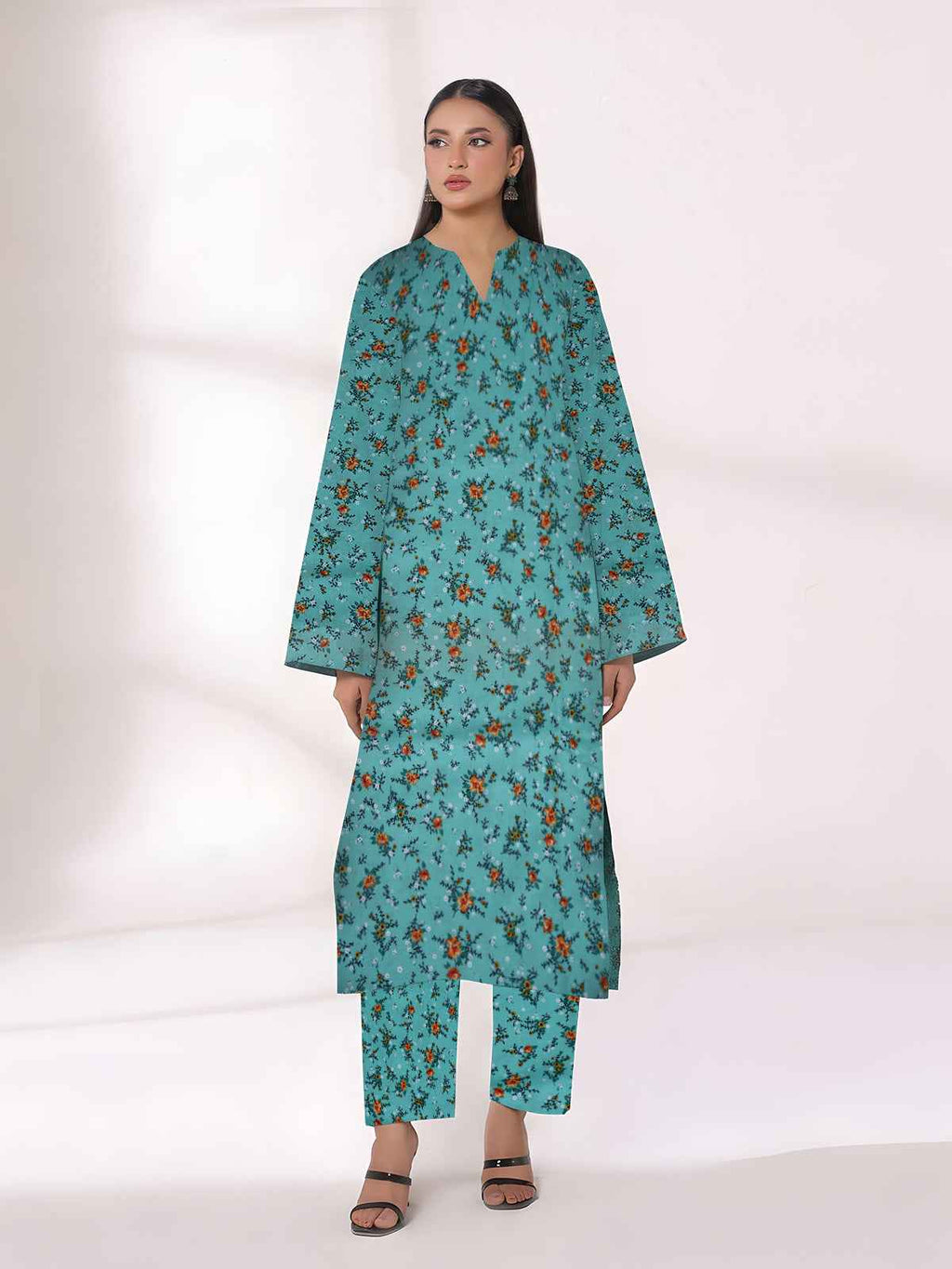 2Pc Printed Unstitched Shirt Trouser Lawn Green - OL2P-6448-A