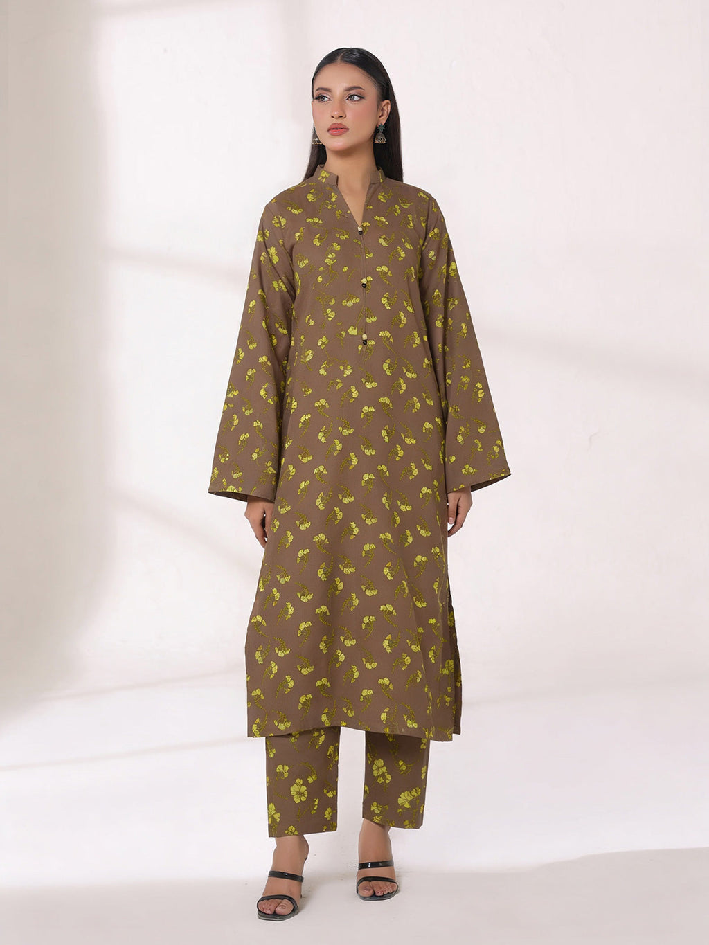 2Pc Printed Unstitched Shirt Trouser Lawn Brown & Yellow - OL2P-6449-A