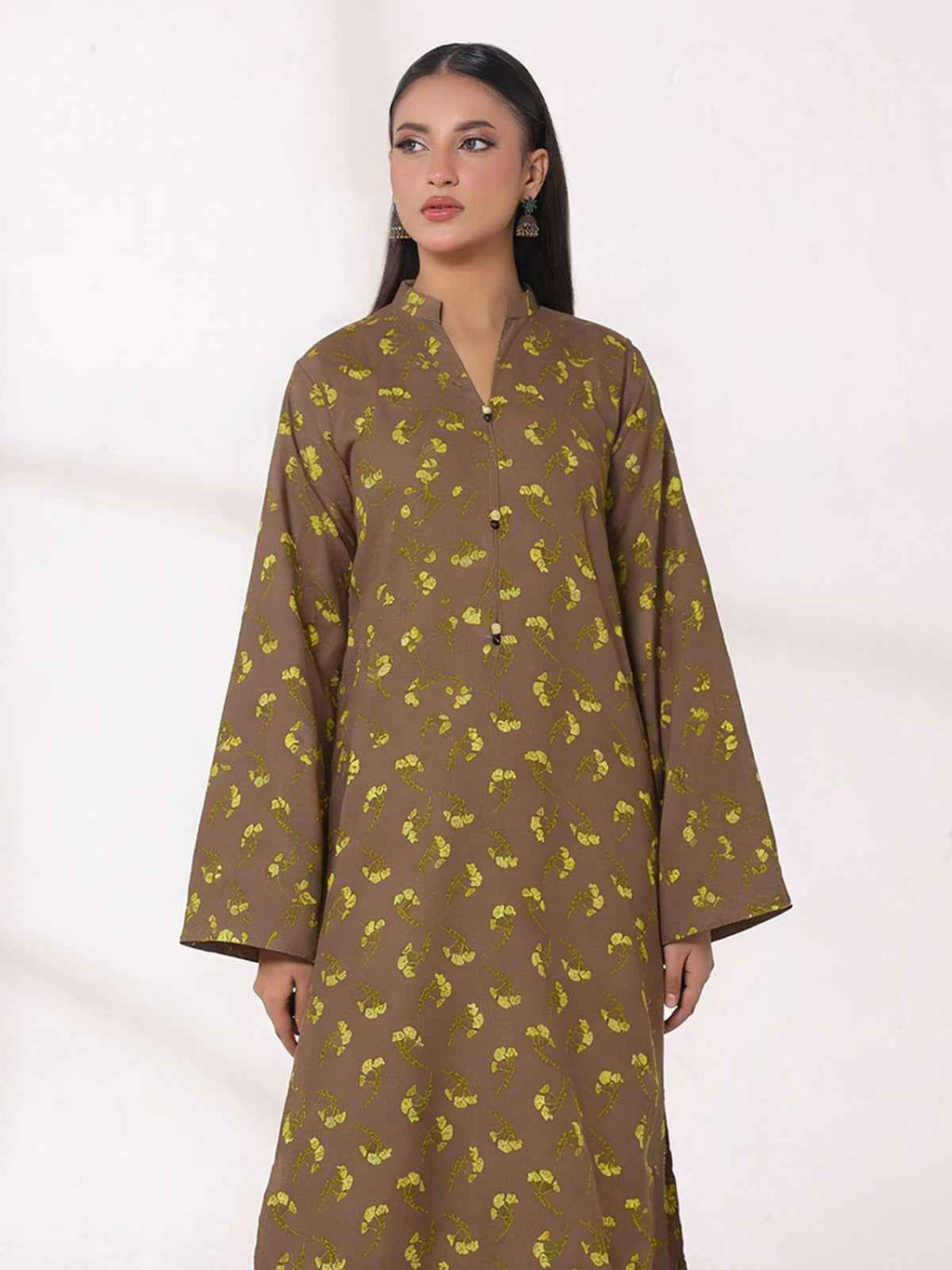 2Pc Printed Unstitched Shirt Trouser Lawn Brown & Yellow - OL2P-6449-A