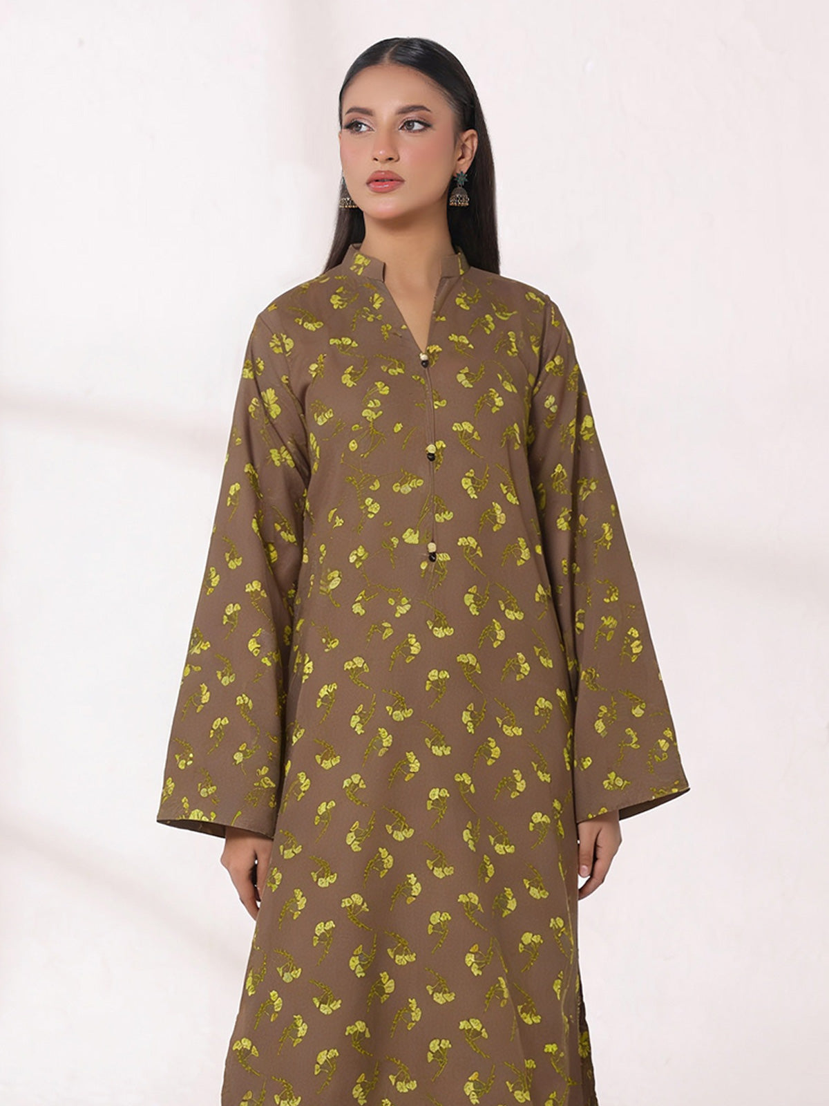 2Pc Printed Unstitched Shirt Trouser Lawn Brown & Yellow - OL2P-6449-A