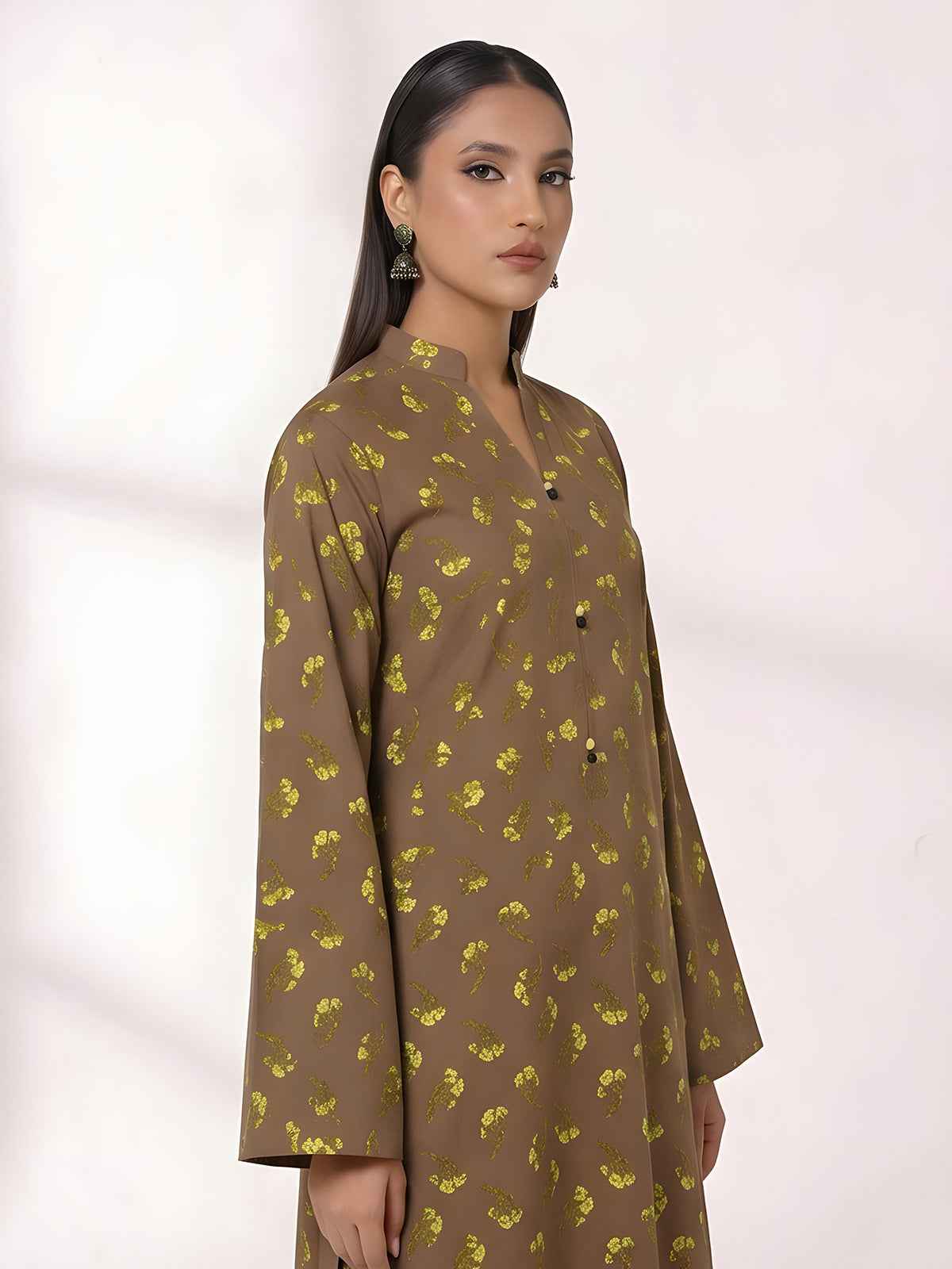 2Pc Printed Unstitched Shirt Trouser Lawn Brown & Yellow - OL2P-6449-A