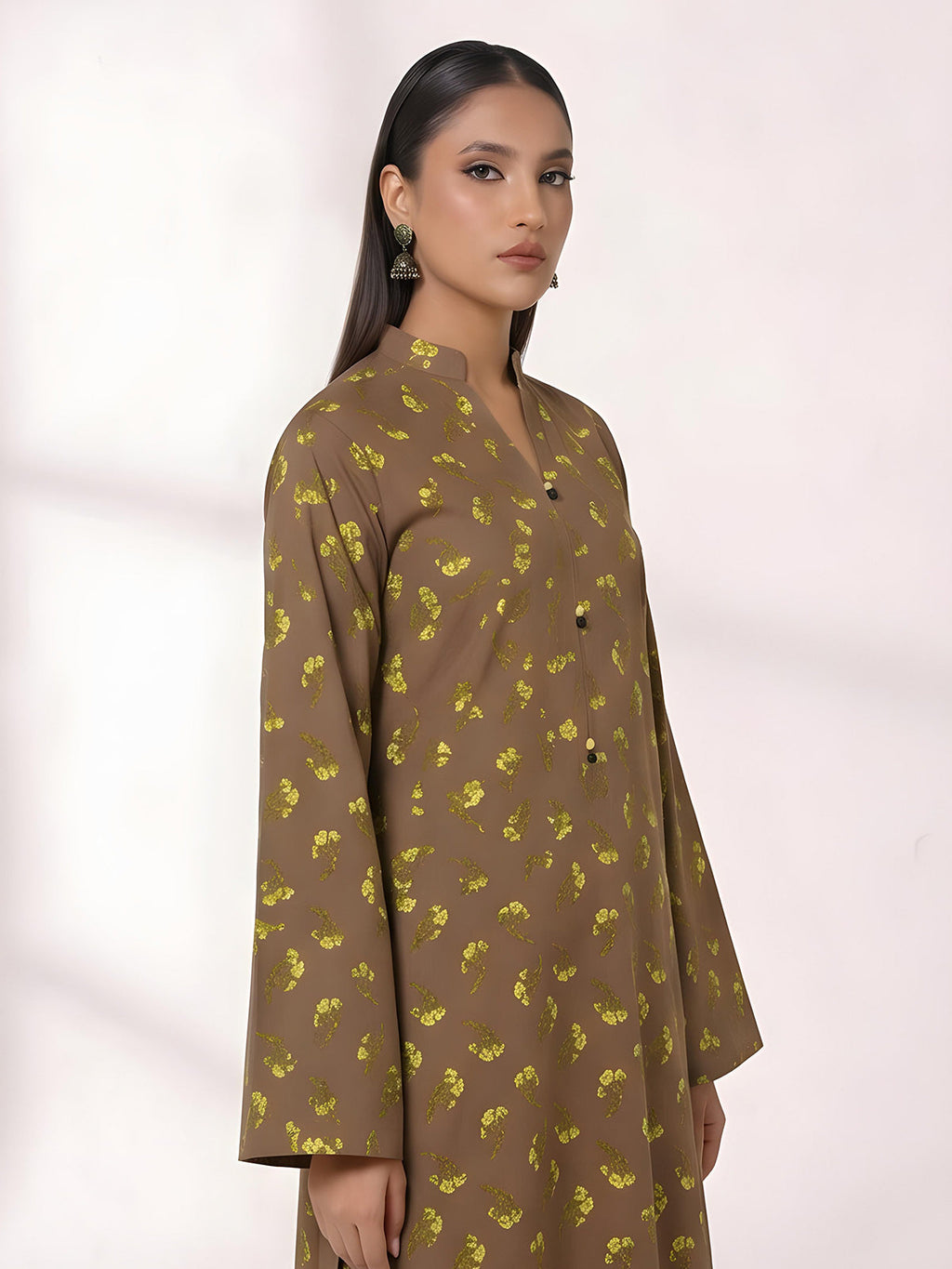 2Pc Printed Unstitched Shirt Trouser Lawn Brown & Yellow - OL2P-6449-A