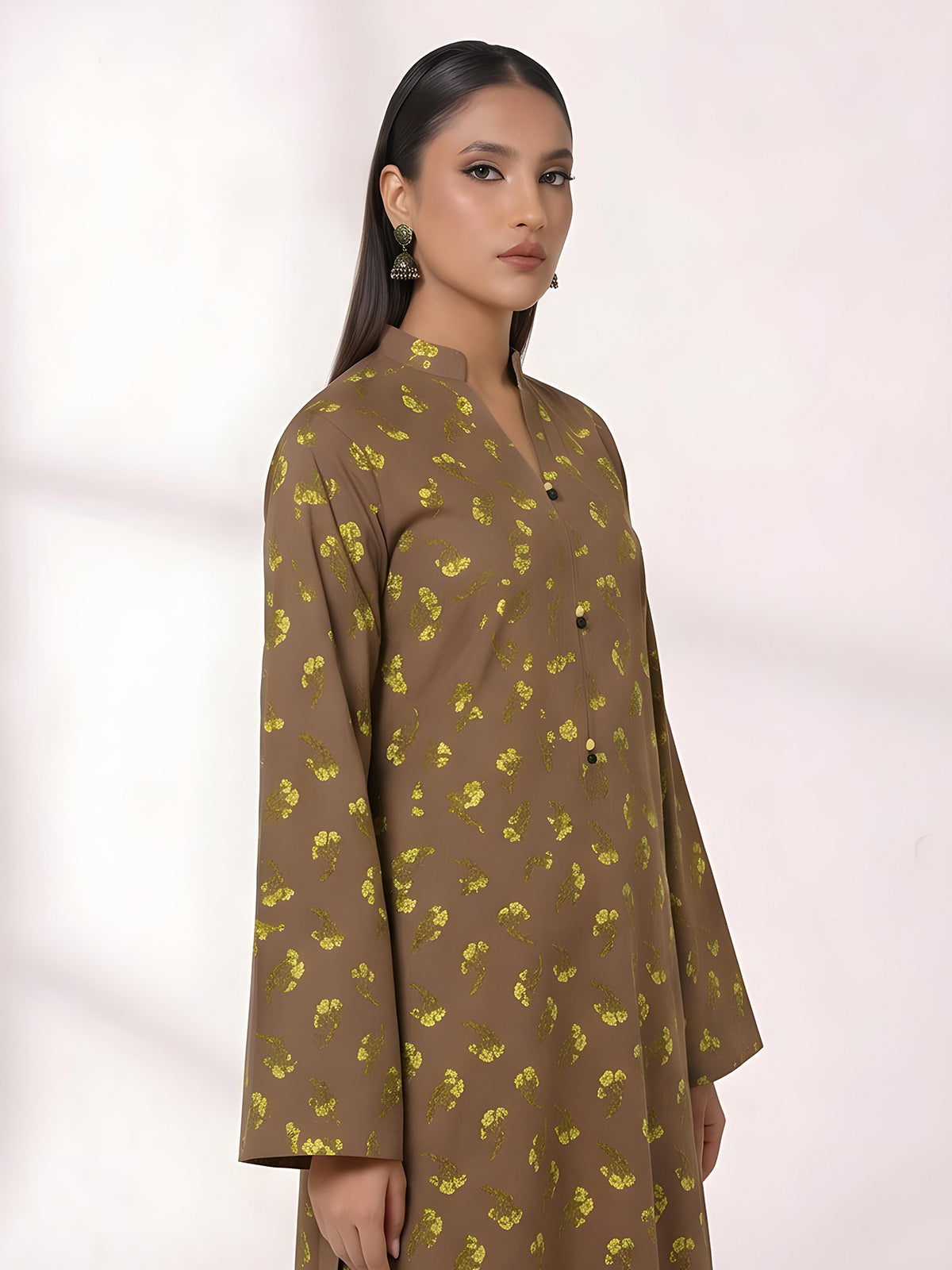 2Pc Printed Unstitched Shirt Trouser Lawn Brown & Yellow - OL2P-6449-A