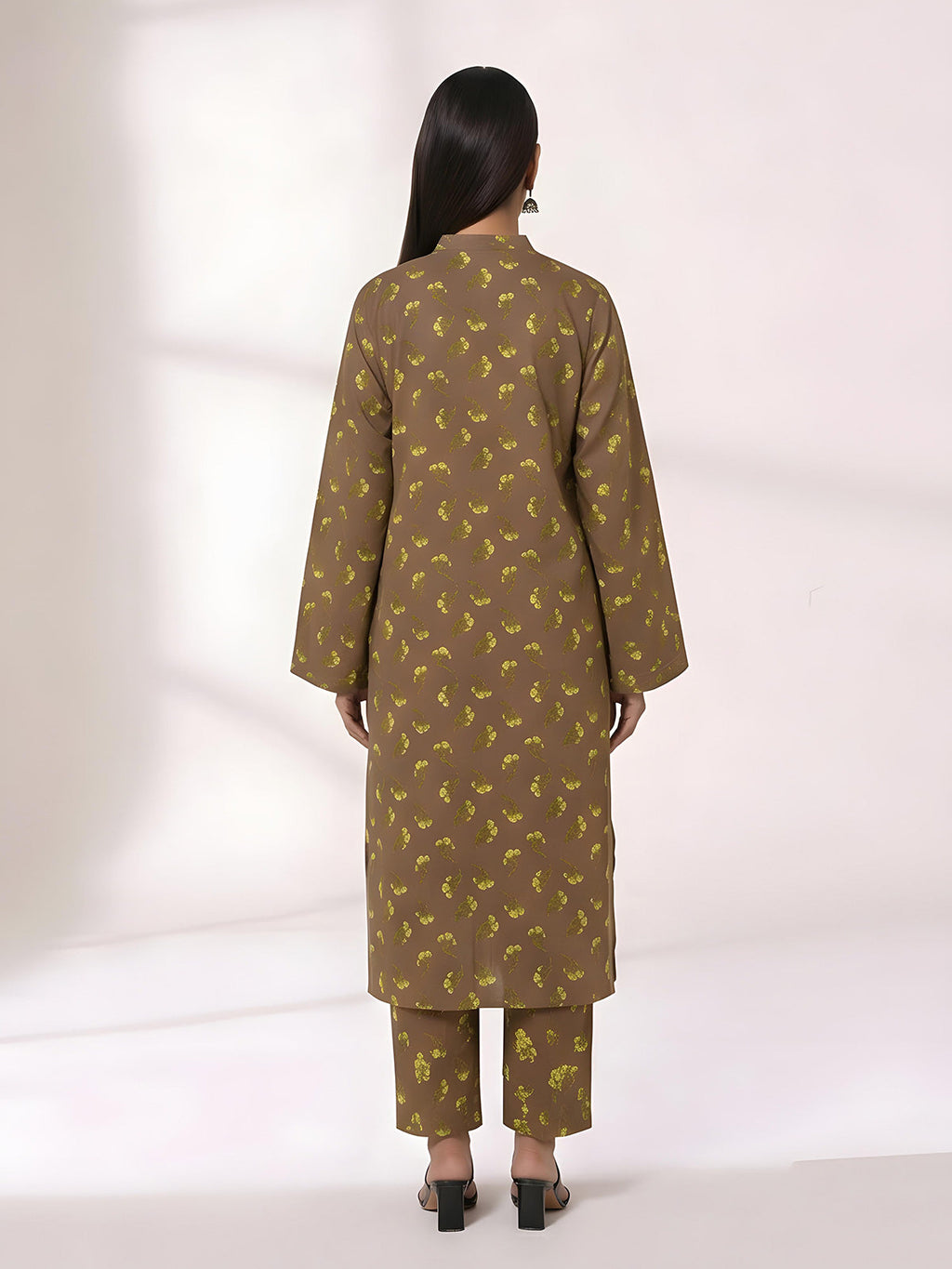 2Pc Printed Unstitched Shirt Trouser Lawn Brown & Yellow - OL2P-6449-A