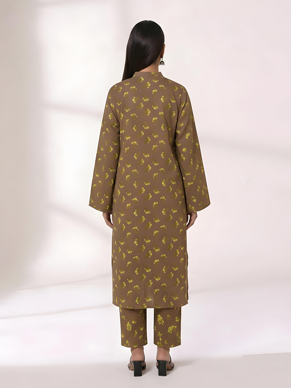 2Pc Printed Unstitched Shirt Trouser Lawn Brown & Yellow - OL2P-6449-A